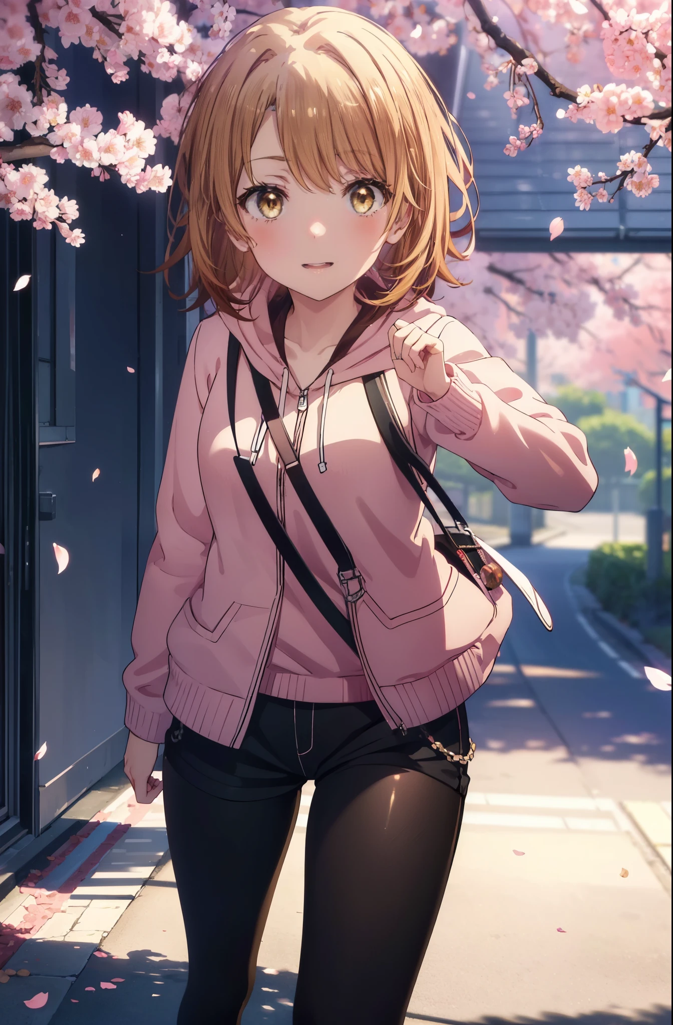 irohaisshiki, iroha isshiki, short hair, brown hair, (brown eyes:1.5), blush,smile,open your mouth,pink hoodie,short denim pants,black tights,knee high boots,Lots of cherry blossoms are blooming,Cherry blossoms are scattered,
break indoors, Cherry blossom tree-lined path,
break looking at viewer,whole body,Upper body,
break (masterpiece:1.2), highest quality, High resolution, unity 8k wallpaper, (shape:0.8), (fine and beautiful eyes:1.6), highly detailed face, perfect lighting, Very detailed CG, (perfect hands, perfect anatomy),