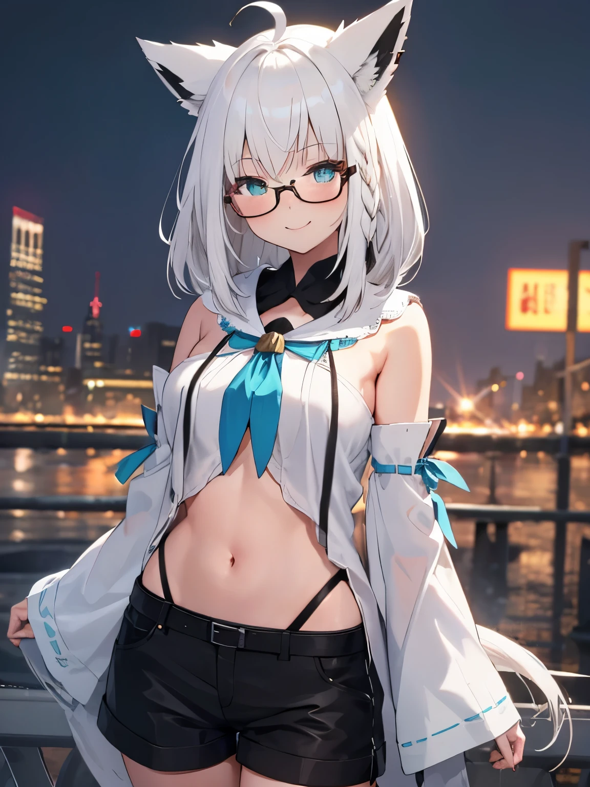 highest quality,wonderful,masterpiece,delicate,ultra high resolution,Super detailed,intricate details,beautiful,8K resolution,(Highly detailed CG Unity 8k wallpaper),sharp focus、1 female、white hair, single side braid, ahoge, fox tail、Glossy skin、big breasts、kawaii、、beautiful瞳、sexy、smile、Pleasure、happiness、Three-dimensional effect of body parts, realistic skin texture、glasses、fubukidefault, white blouse, [midriff::12], detached sleeves, black short shorts, blue neckerchief, thigh strap, single thighhigh