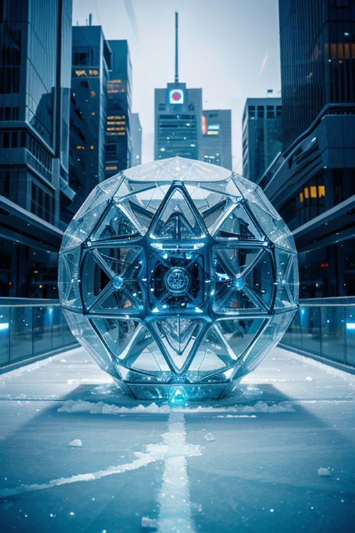 A complex ice structure in a futuristic city