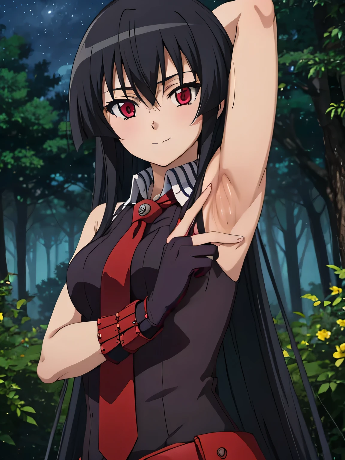 solo, 1girl, looking at viewer, 2D, anime, anime coloring, upper body, akame, necktie, sleeveless, looking at viewer, closed mouth, small smile, solo, night sky, forest, {arms behind head}, contrapposto, spread armpits,