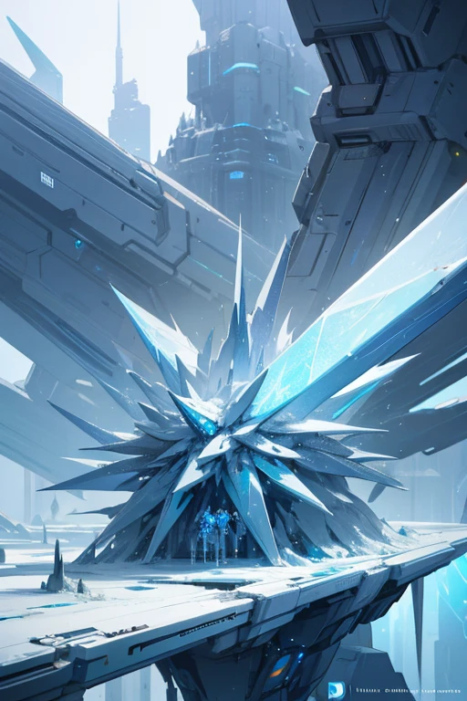 A complex ice structure in a futuristic city
