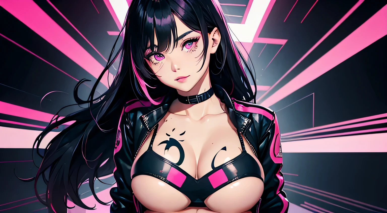 1 girl, solo, long_hair, bangs_between_the_eyes black_hair_with_strands_pink, bi_color_ pink_neon eyes, sexy_face, cyberpunk_clothes, short_jacket, navel appears, short_skirt, scarred_legs, left_arm_band, tattoo_above_navel_background_of_abstract colorful pop art, manga_style_image, big breast, face closeup shot, dynamic pose, shy smile