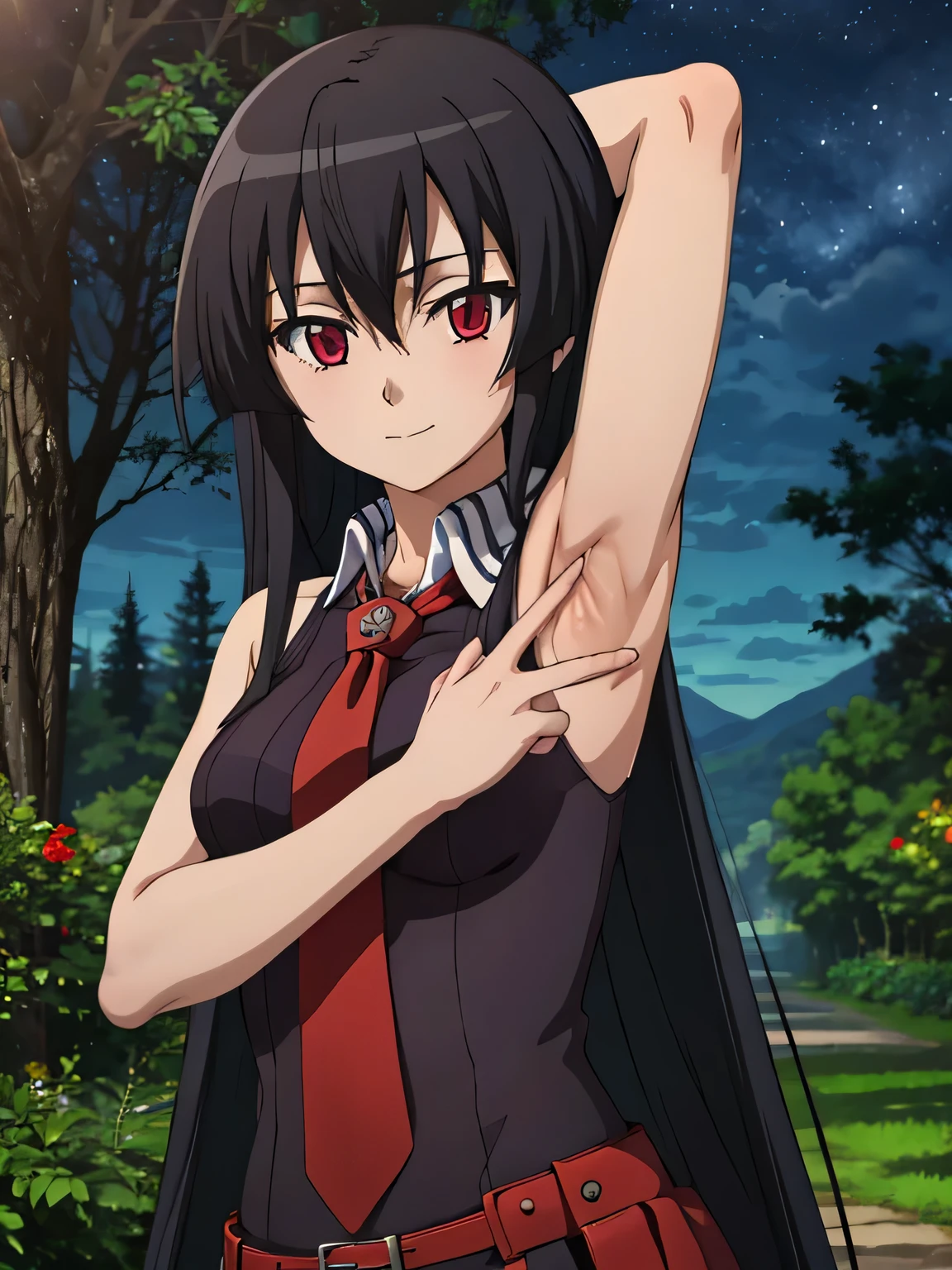 solo, 1girl, looking at viewer, 2D, anime, anime coloring, upper body, akame, necktie, sleeveless, looking at viewer, closed mouth, small smile, solo, night sky, forest, {arms behind head}, contrapposto, spread armpits,