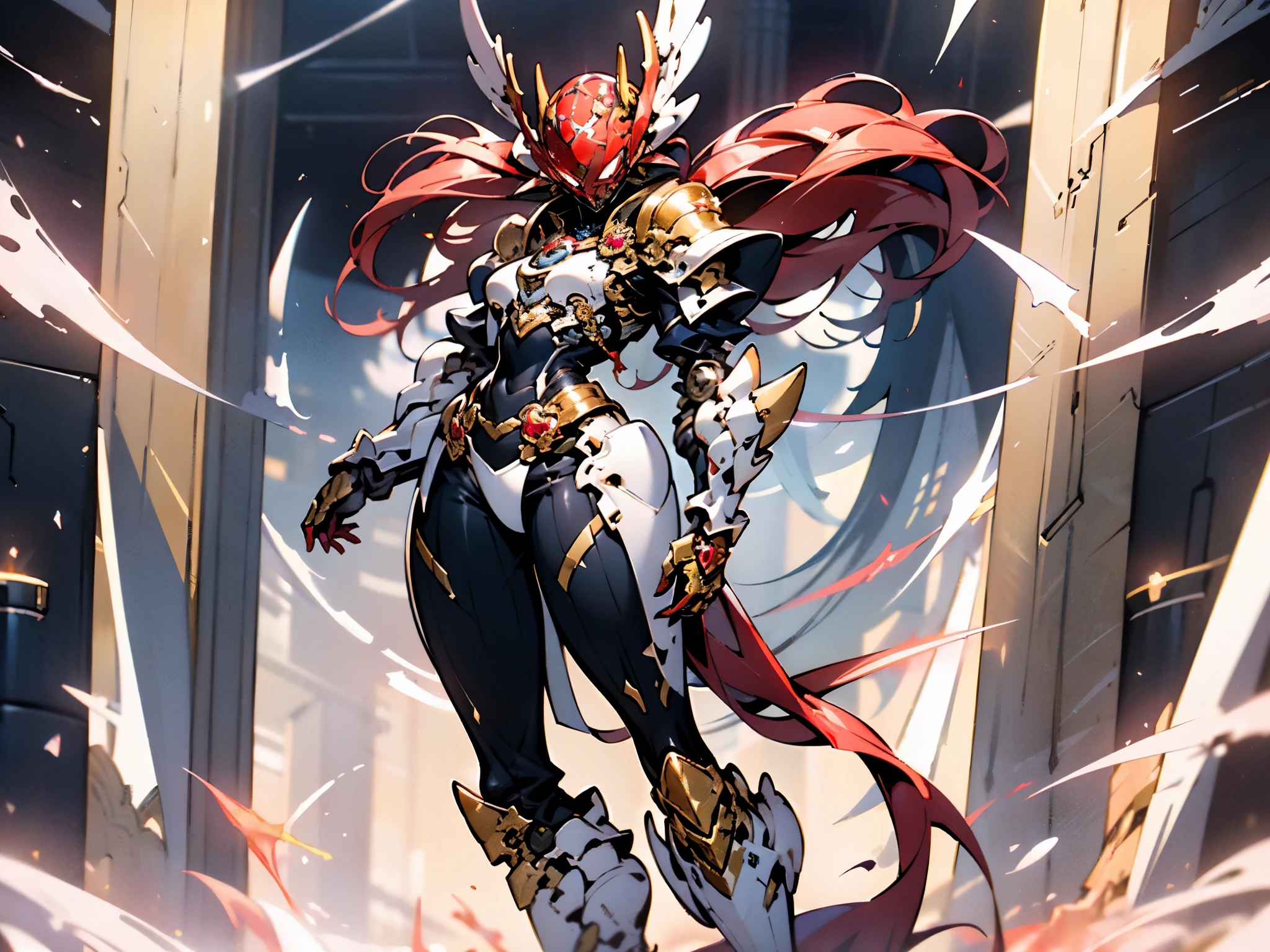 A woman adorned in fantasy-style full-body armor, a crown-concept fully enclosed helmet that unveils only her eyes, a composite layered chest plate, fully encompassing shoulder and hand guards, a lightweight waist armor, form-fitting shin guards, the overall design is heavy-duty yet flexible, ((the armor gleams with a golden glow, complemented by red and blue accents)), exhibiting a noble aura, she floats above a fantasy-surreal high-tech city, this character embodies a finely crafted fantasy-surreal style armored hero in anime style, exquisite and mature manga art style, (Queen bee mixed with Spider concept Armor, plasma, blood), ((Element, energy, elegant, goddess, femminine:1.5)), metallic, high definition, best quality, highres, ultra-detailed, ultra-fine painting, extremely delicate, professional, anatomically correct, symmetrical face, extremely detailed eyes and face, high quality eyes, creativity, RAW photo, UHD, 32k, Natural light, cinematic lighting, masterpiece-anatomy-perfect, masterpiece:1.5