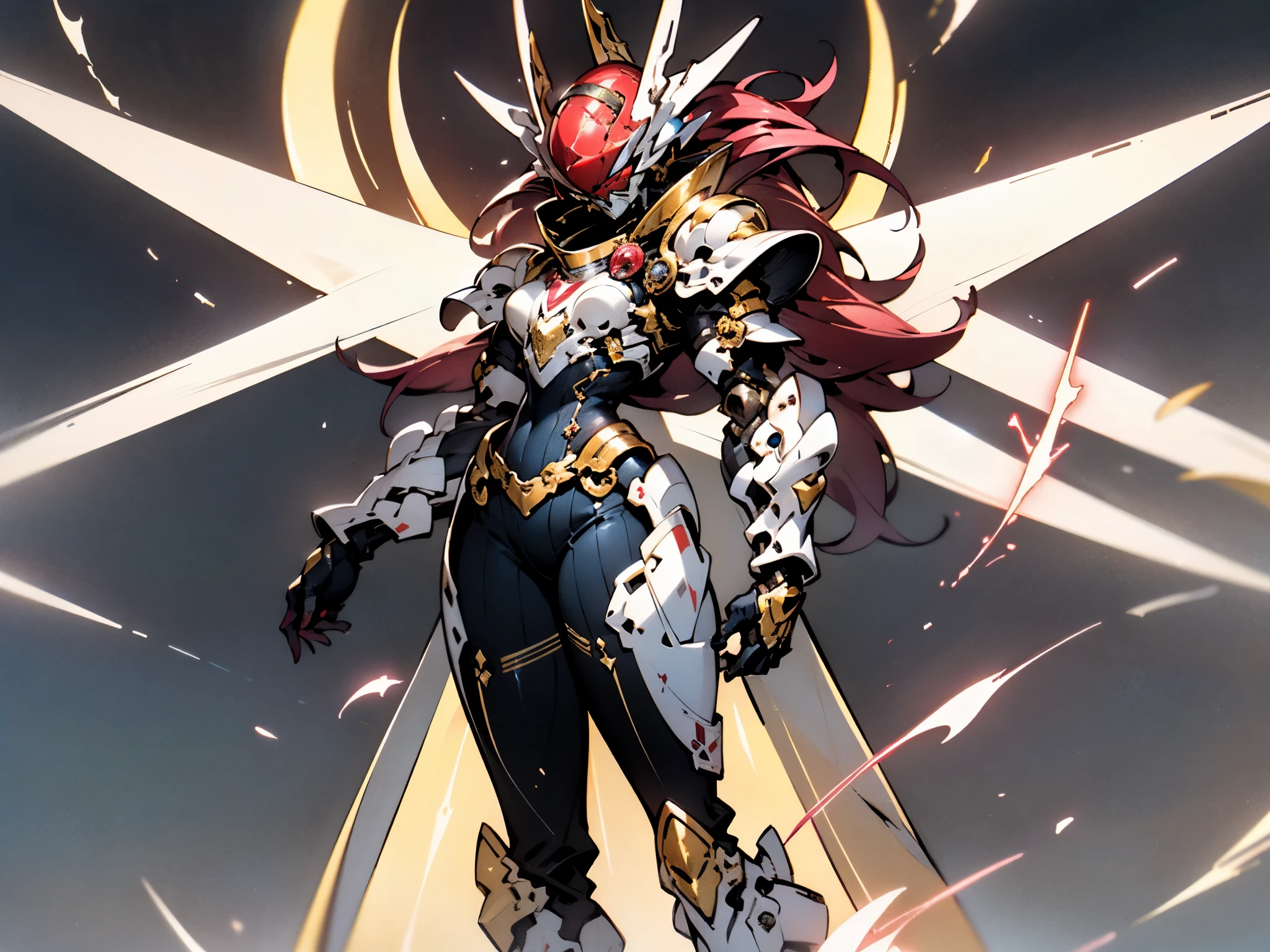 A woman adorned in fantasy-style full-body armor, a crown-concept fully enclosed helmet that unveils only her eyes, a composite layered chest plate, fully encompassing shoulder and hand guards, a lightweight waist armor, form-fitting shin guards, the overall design is heavy-duty yet flexible, ((the armor gleams with a golden glow, complemented by red and blue accents)), exhibiting a noble aura, she floats above a fantasy-surreal high-tech city, this character embodies a finely crafted fantasy-surreal style armored hero in anime style, exquisite and mature manga art style, (Queen bee mixed with Spider concept Armor, plasma, blood), ((Element, energy, elegant, goddess, femminine:1.5)), metallic, high definition, best quality, highres, ultra-detailed, ultra-fine painting, extremely delicate, professional, anatomically correct, symmetrical face, extremely detailed eyes and face, high quality eyes, creativity, RAW photo, UHD, 32k, Natural light, cinematic lighting, masterpiece-anatomy-perfect, masterpiece:1.5