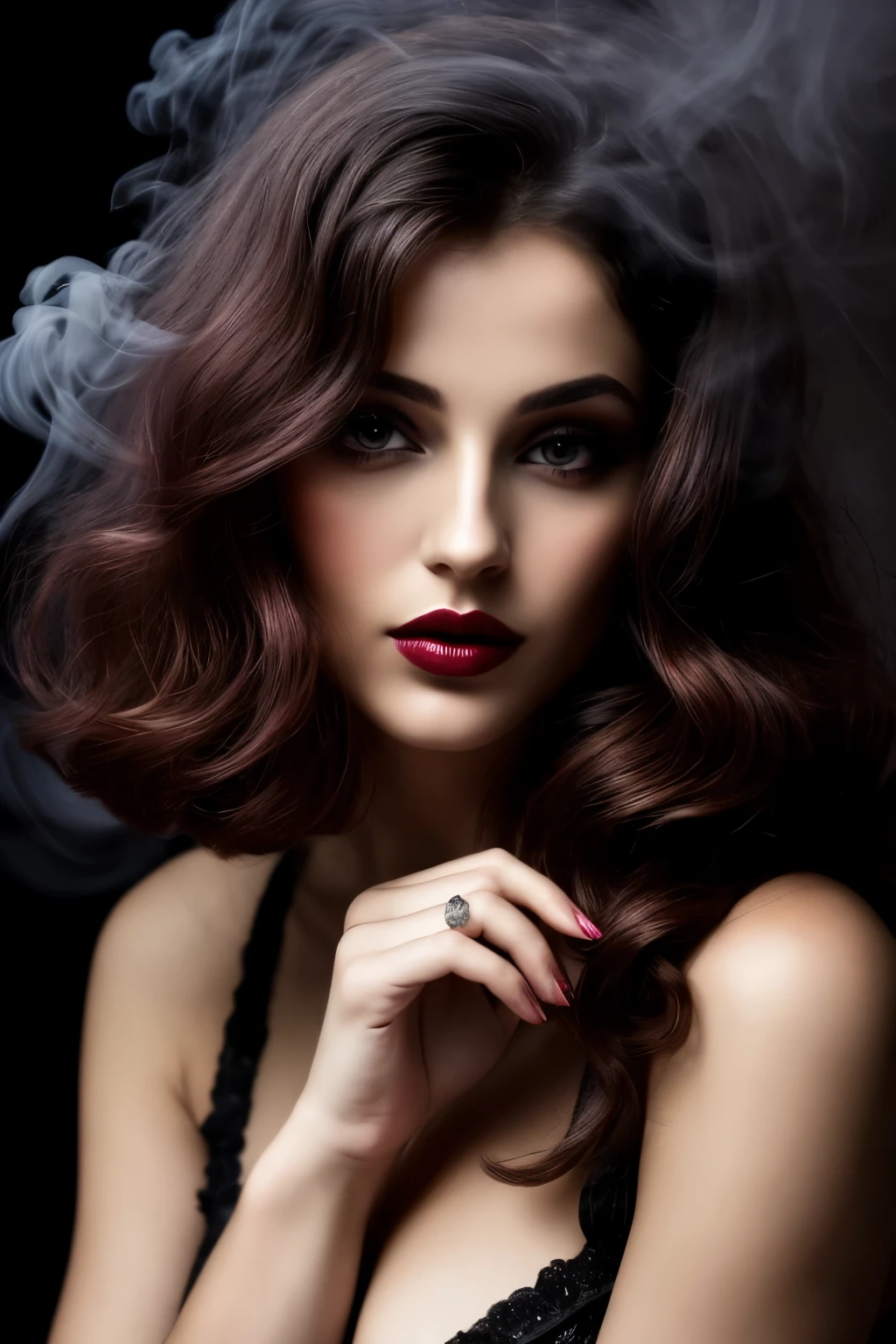 (RAW style, masterpiece, best quality, super realistic), Burgundy lips, elegant, close-up, black background, mysterious atmosphere, smoke clouds, photo quality, real photo
The enchanting allure of burgundy-colored female lips is brought to life in this masterpiece, where elegance meets mystery. A black background sets the stage for the intriguing scene, accentuating the rich hue of the lips. Smoke clouds envelop the frame, infusing an air of intrigue and allure. The photo quality is superb, exuding a tangible texture and depth that leaves you captivated. The realism of the image is unparalleled, as each