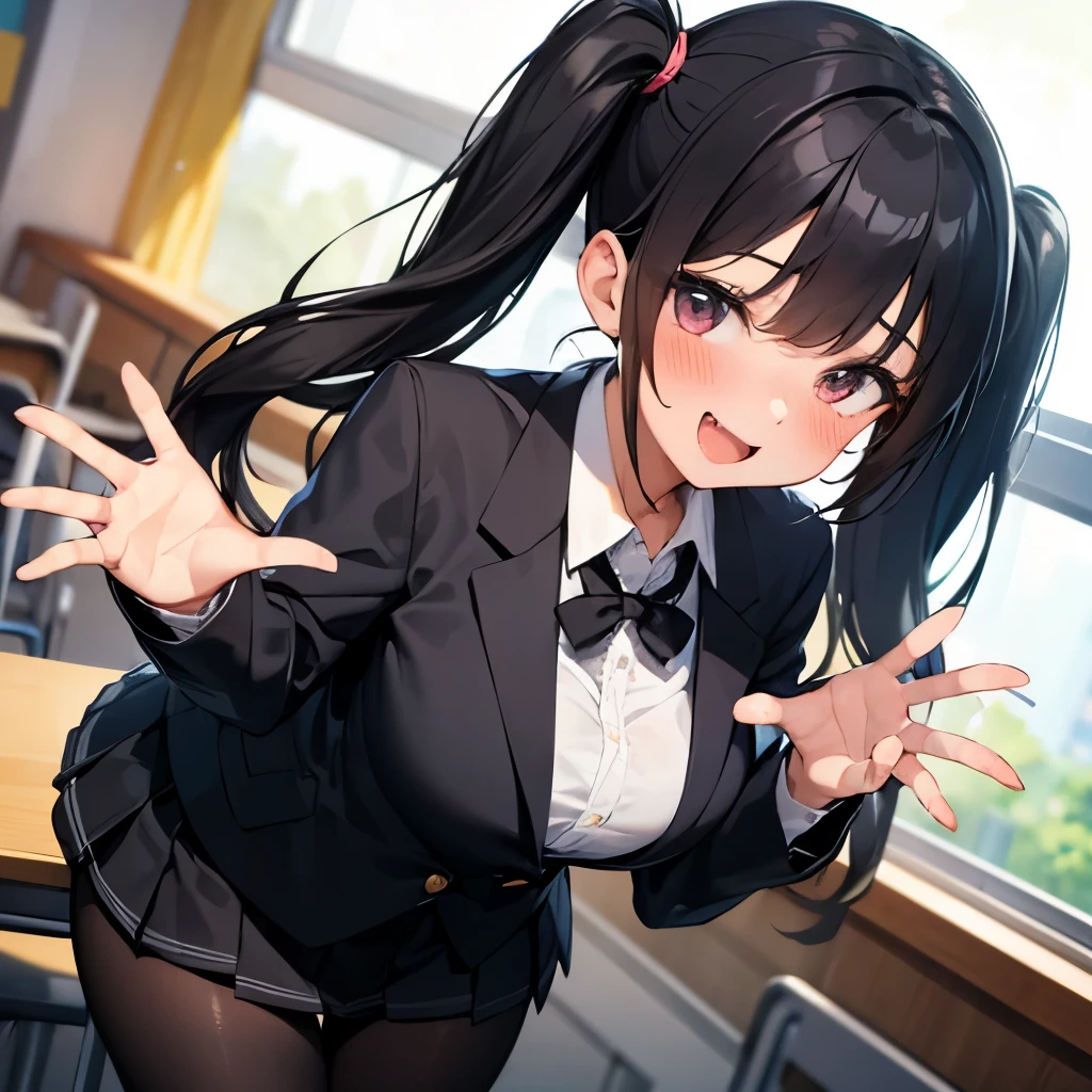 1girl, five fingers, mini Skirt, looking at viewer, twintails, best quality, face focus, blazer, blouse, black pantyhose, classroom, black hair, claw pose, naughty smile, water eye, open mouth, dynamic angle, front view, full-face blush, fang,