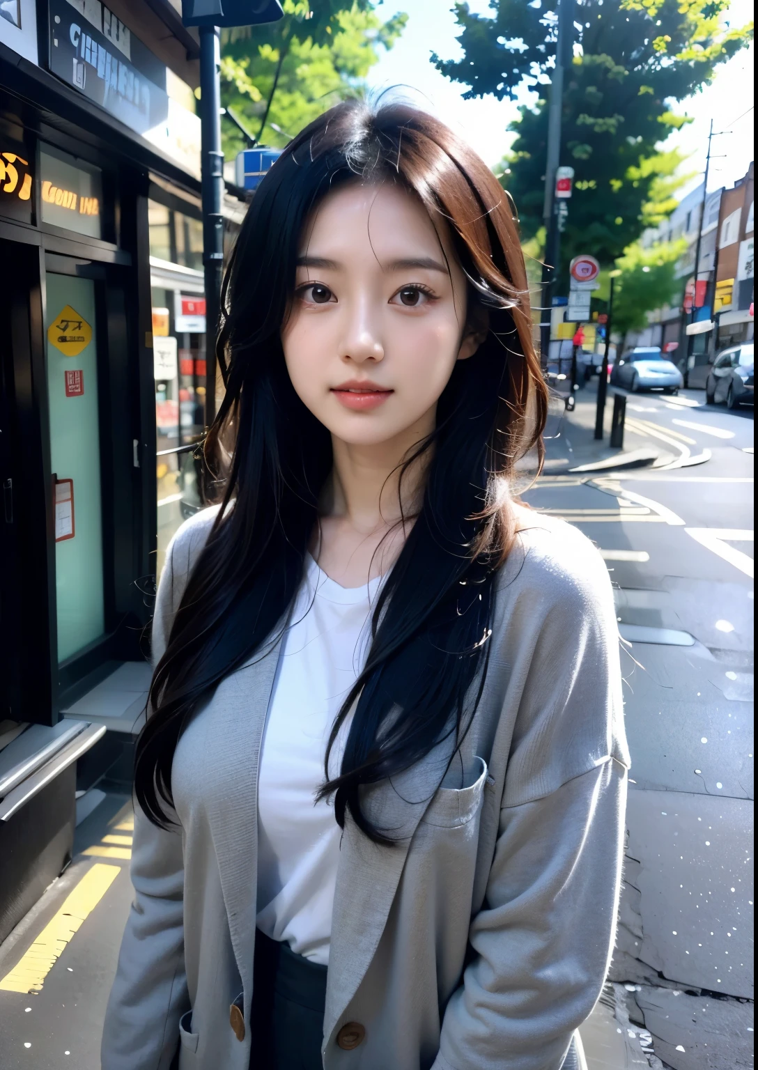 A Japanese girl in her 20s with semi-long black hair and sharp eyes.　Location、London