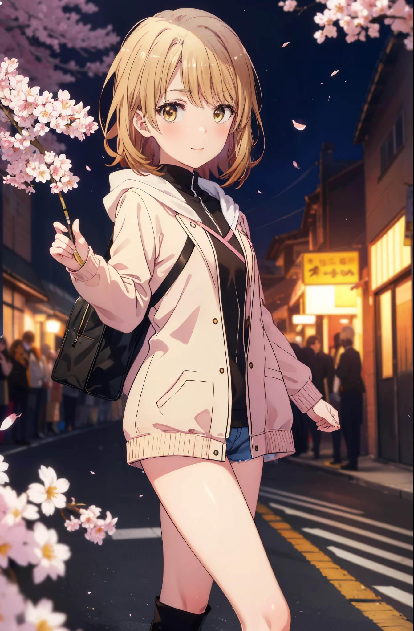 irohaisshiki, iroha isshiki, short hair, brown hair, (brown eyes:1.5), blush,smile,open your mouth,pink hoodie,short denim pants,black tights,knee high boots,Lots of cherry blossoms are blooming,Cherry blossoms are scattered,
break indoors, Cherry blossom tree-lined path,
break looking at viewer,whole body,Upper body,
break (masterpiece:1.2), highest quality, High resolution, unity 8k wallpaper, (shape:0.8), (fine and beautiful eyes:1.6), highly detailed face, perfect lighting, Very detailed CG, (perfect hands, perfect anatomy),