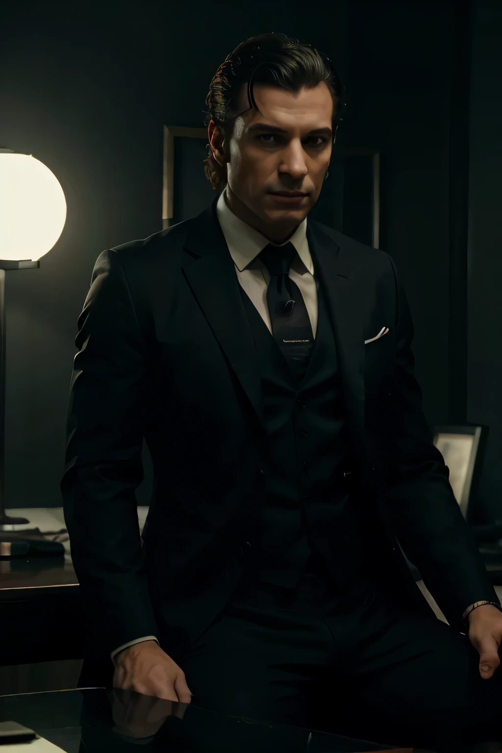 arafed man in a suit sitting in a chair with a glass of water, cinematic medium shot, handsome man, highly detailed vfx portrait, shot from cinematic, serious look, neo - noir setting, michele morrone as batman, highly cinematic, in the show westworld, commercial shot, dramatic scene, kane from command & conquer, menacing look, very cinematic