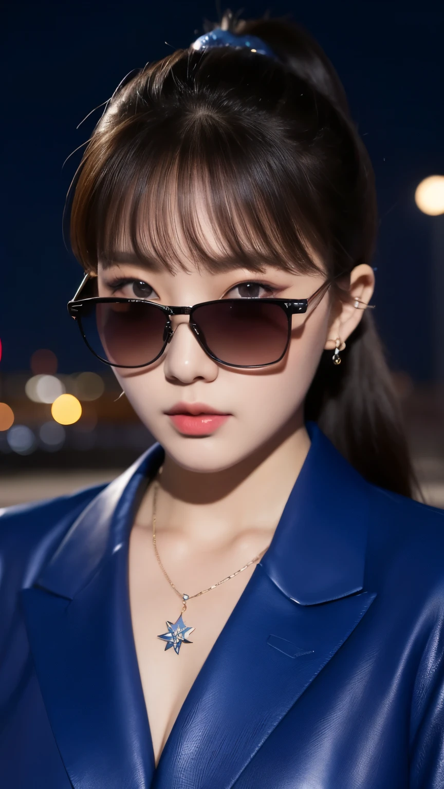UHD, extreme close-up of face cute Korean female,Chest size 32 inches, ponytail, sunglasses, wearing blue leather suit, necklace, sitting against the building , night
