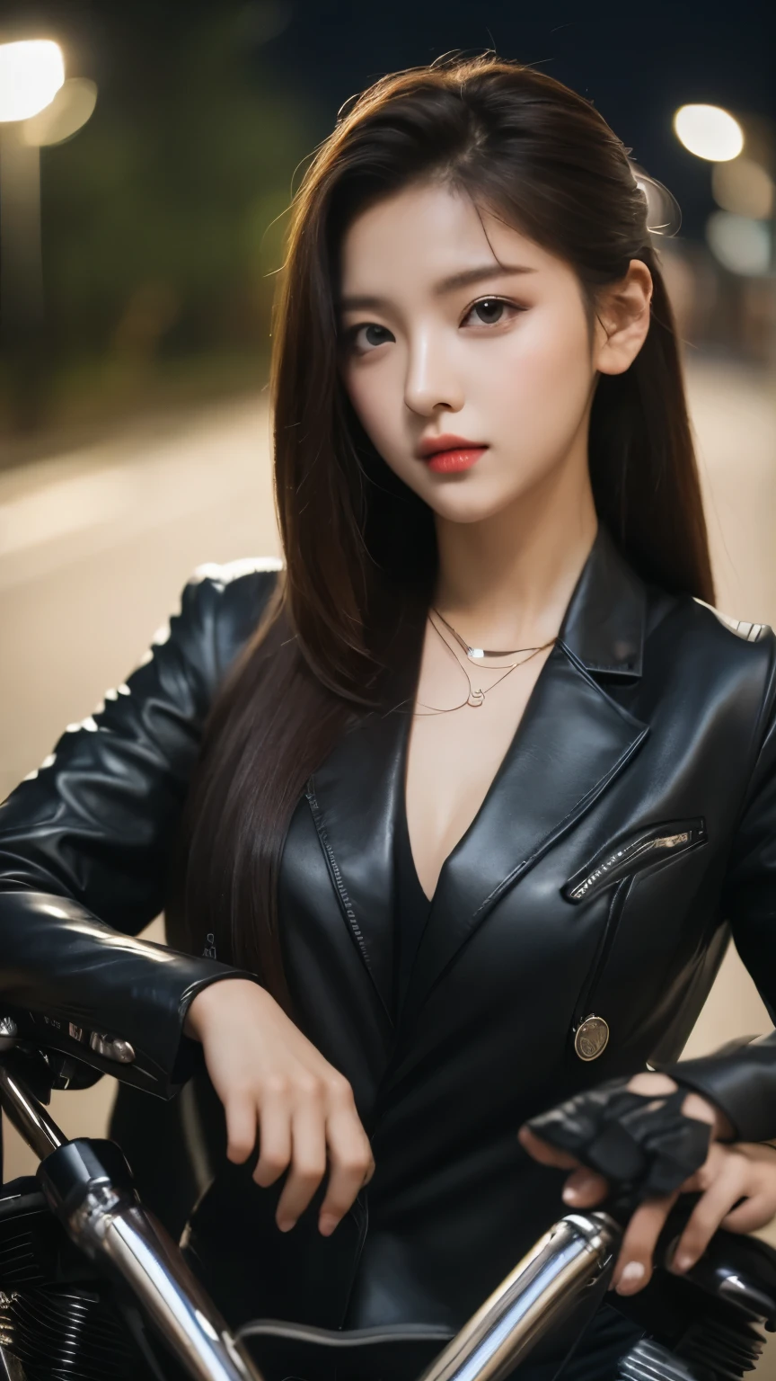 UHD, extreme close-up of face cute Korean female,Chest size 32 inches, ponytail, sunglasses, wearing blue leather suit, necklace, sitting against the motorcycle,night