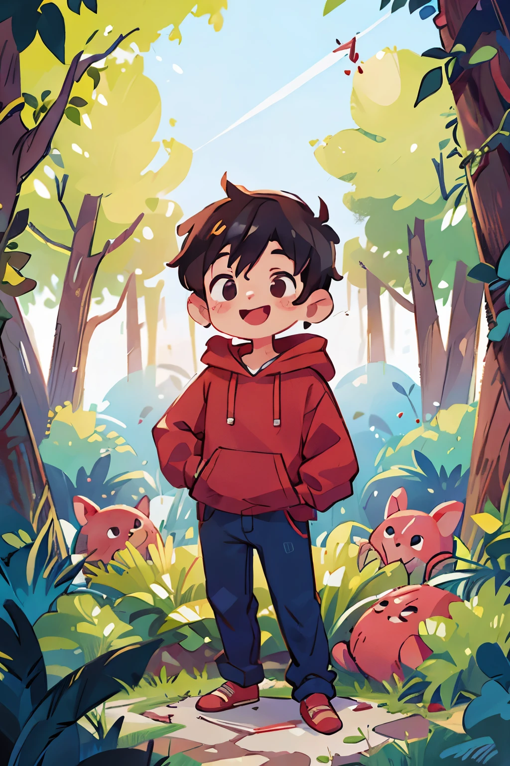 40 year old man standing in the garden、refreshing smile、black hair、Portrait、reddish brown hoodie、navy blue pants