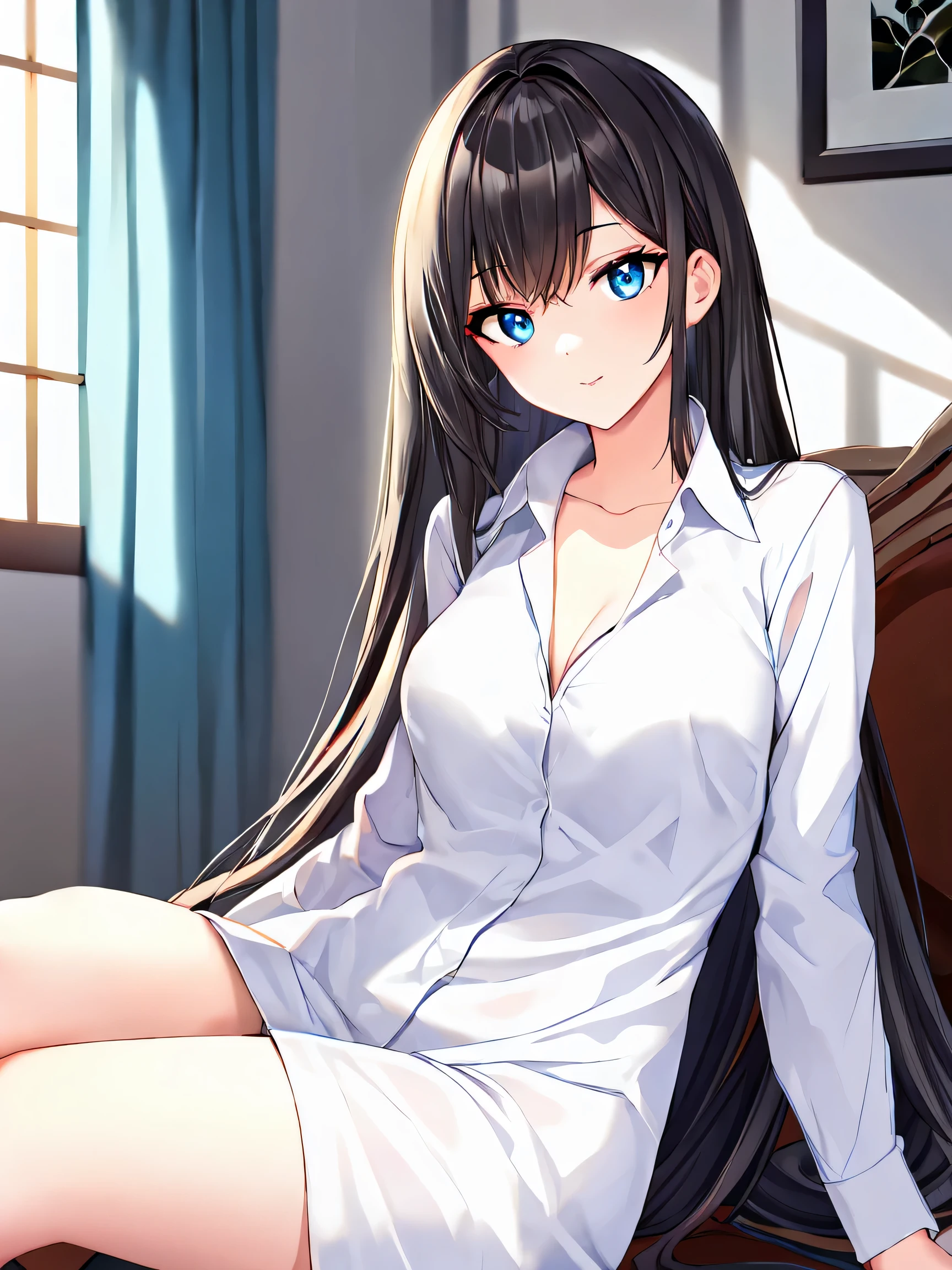 (amazing best girl), 8k, ultra high resolution, (masterpiece:1.2), (highest quality, Beautiful detailed eyes), very delicate, alone, true light and shadow, (shoot from the front), blue eyes, beautiful breasts, break long black hair, straight hair, break (baggy clothes, long hem, long white collar shirt:1.3) Men's Shirt, break sitting, clavicle, Bedroom, [white underwear]