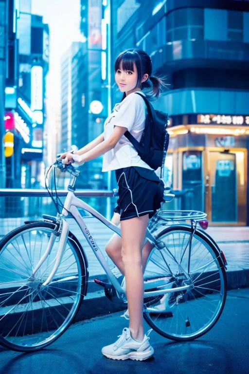 cute anime girl rides a bicycle, in running shorts, short shorts, A complex ice structure in a futuristic city