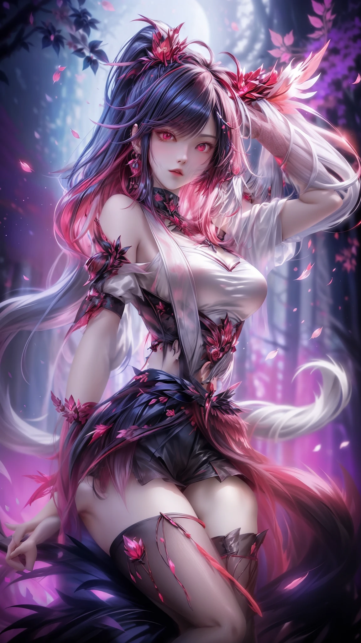 (best quality,ultra-detailed),anime style,red and black color scheme,soft lighting,flame effects,wearing a revealing outfit,standing in a mysterious forest,with a katana in her hand, surrounded by floating cherry blossom petals,silhouette of a full moon in the background,eye-catching composition,glowing eyes,beautiful flowing hair.