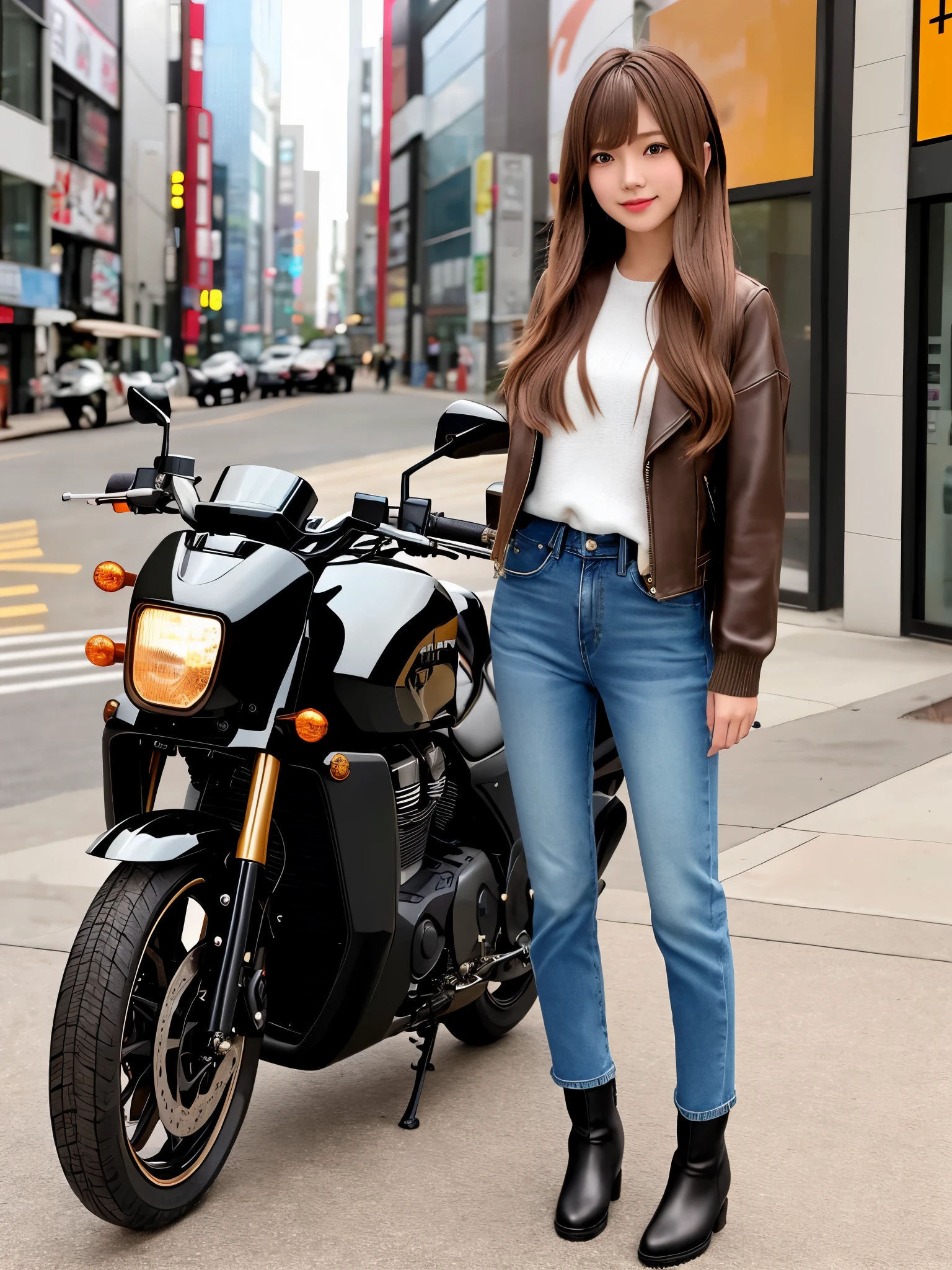 product quality, 1 girl, cowboy shot, front view, a Japanese young pretty girl, long bob hair, standing with a big smile by a traditional motorcycle in a big city, wearing a black leather jacket over a sweater, denim pants, leather boots, hyper cute face, glossy lips, double eyelids for both eyes, natural makeup, shiny smooth light brown hair of long bob hair, asymmetrical bangs, high resolution, high detail, detailed hairstyle, detailed face, cinematic lighting, octane rendering, hyper realistic, perfect limbs, perfect anatomy