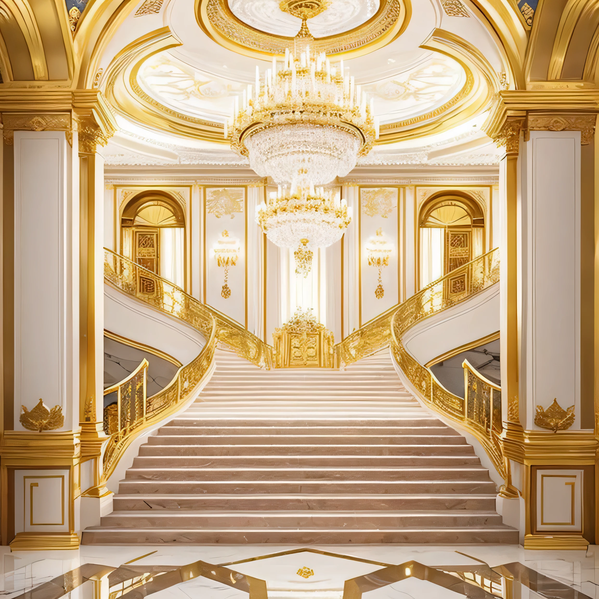 There is a grand staircase leading to a great room with a chandelier, royal interior, Background art deco palace, Baroque marble and gold in space, wide grand staircase, White and gold color scheme, Baroque style interior decoration, palace background, Gold and luxurious materials, Luxurious environment, Luminism and Baroque, inside the palace, golden banquet hall background, Gorgeous aesthetic