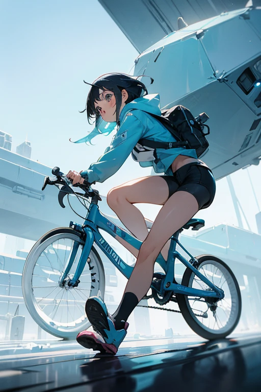 cute anime girl rides a bicycle, in running shorts, short shorts, A complex ice structure in a futuristic city

