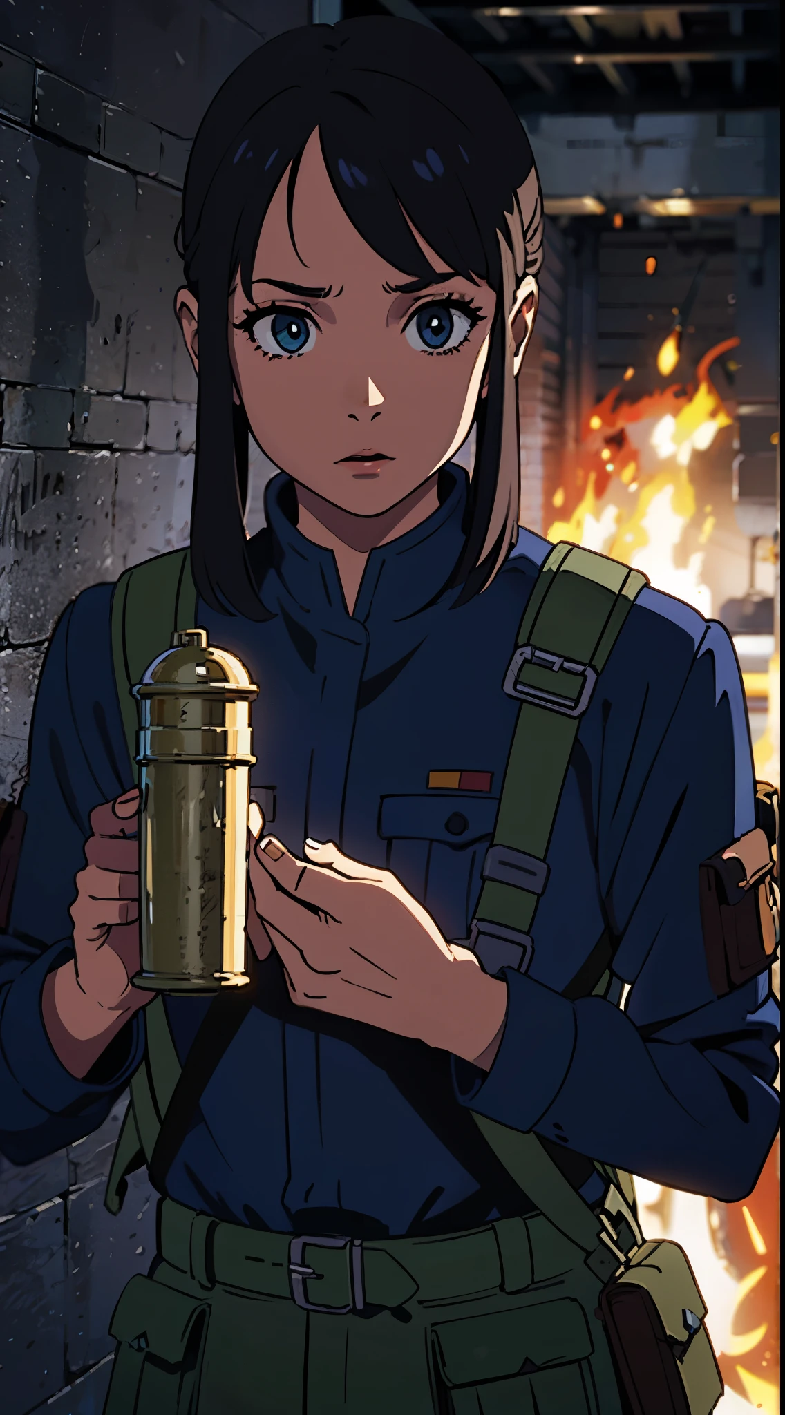 Masterpiece, portrait, 1girl, military outfit, military suit, wearing backpack, apocalyptic world, holding strange artifact in hands, dramatic lighting, detailed face, high resolution, 