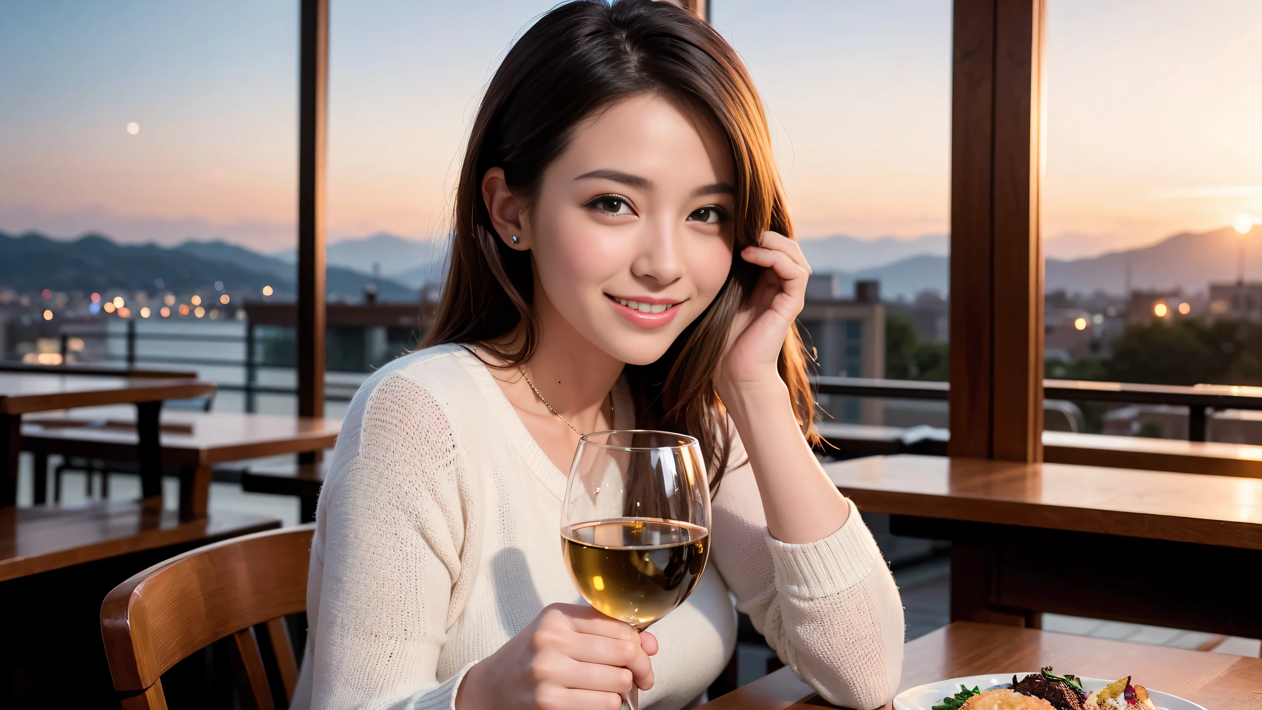 (including 64k, nffsw, highest quality, table top: 1.2), (realistic, photorealistic: 1.37), Spectacular view of the sunset sky and clouds、Amazing mountain views、long sleeve shirt、winter fashion、Columbia、Brazilian、Japanese、Dutch、German、Portuguese、Belgian、Italian、French,Champagne、sparkling wine、 (slimフェイス), (slimボティ), (brown hair), (shortcut), neat beauty、cheeks turn a little red, (35 years old), 38 years old, alone, 窓の外には美しく緻密なnight景が広がります., restaurant, wine glassが座っている, nightに, in a prominent place (from the Upper body) nova frog style, actress, model, Upper body, White wine, slim, wine glass, Super Clean night View, wine glass Put in the Middle, Happy smile, (smile: 1.15), beautiful and detailed eyes, Upper body, bust japan up, night, short, short, actress, model, Upper body, White wine, slim, wine glass, Super Clean night View, wine glass Put in the Middle, Happy smile,