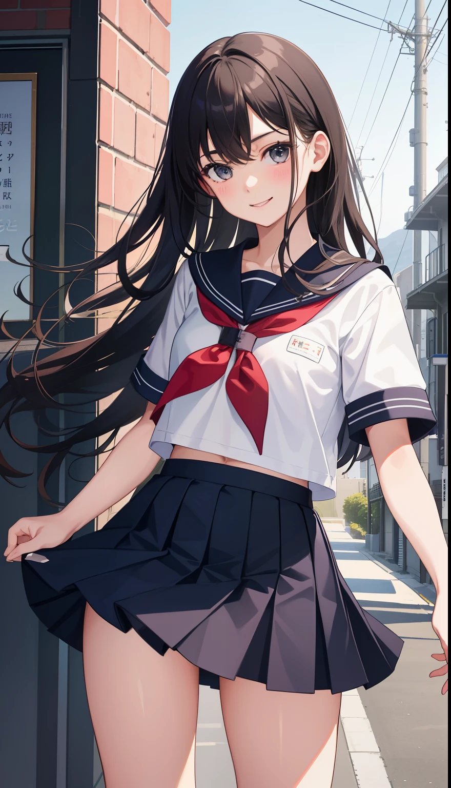 1 girl、as adult、smile、white underwear、pretty girl、（small breasts）、high school student、uniform、Serafuku、、Portrait from the crotch up、skirt、Wind、Run!