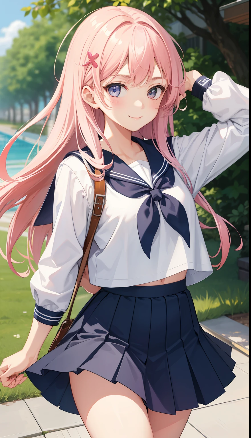 1 girl、as adult、smile、white underwear、pretty girl、(small breasts)、high school student、uniform、Serafuku、、Portrait from the crotch up、skirt、Wind、Run!