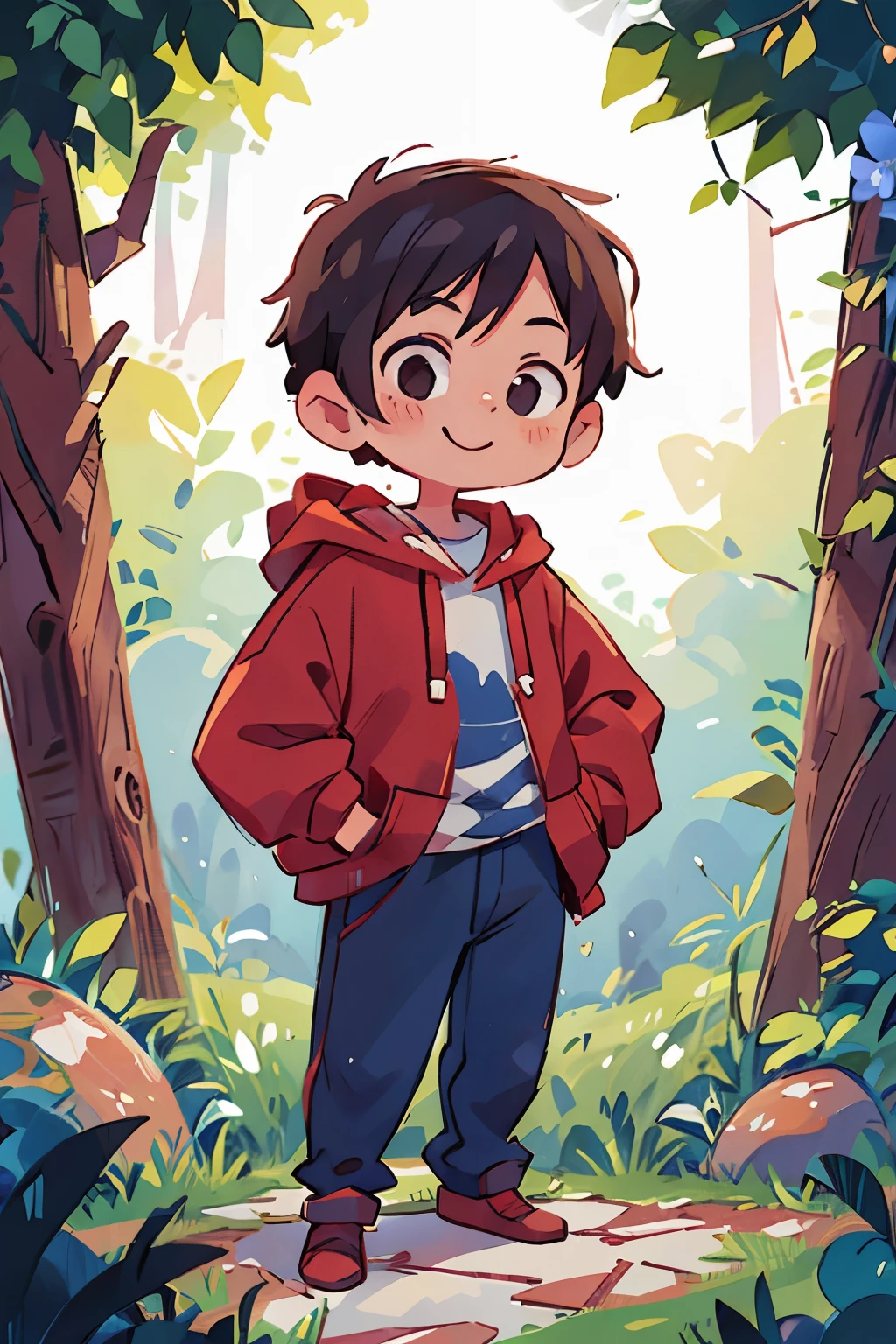 40 year old man standing in the garden、nihilistic smile、black hair、Portrait、reddish brown hoodie、navy blue pants