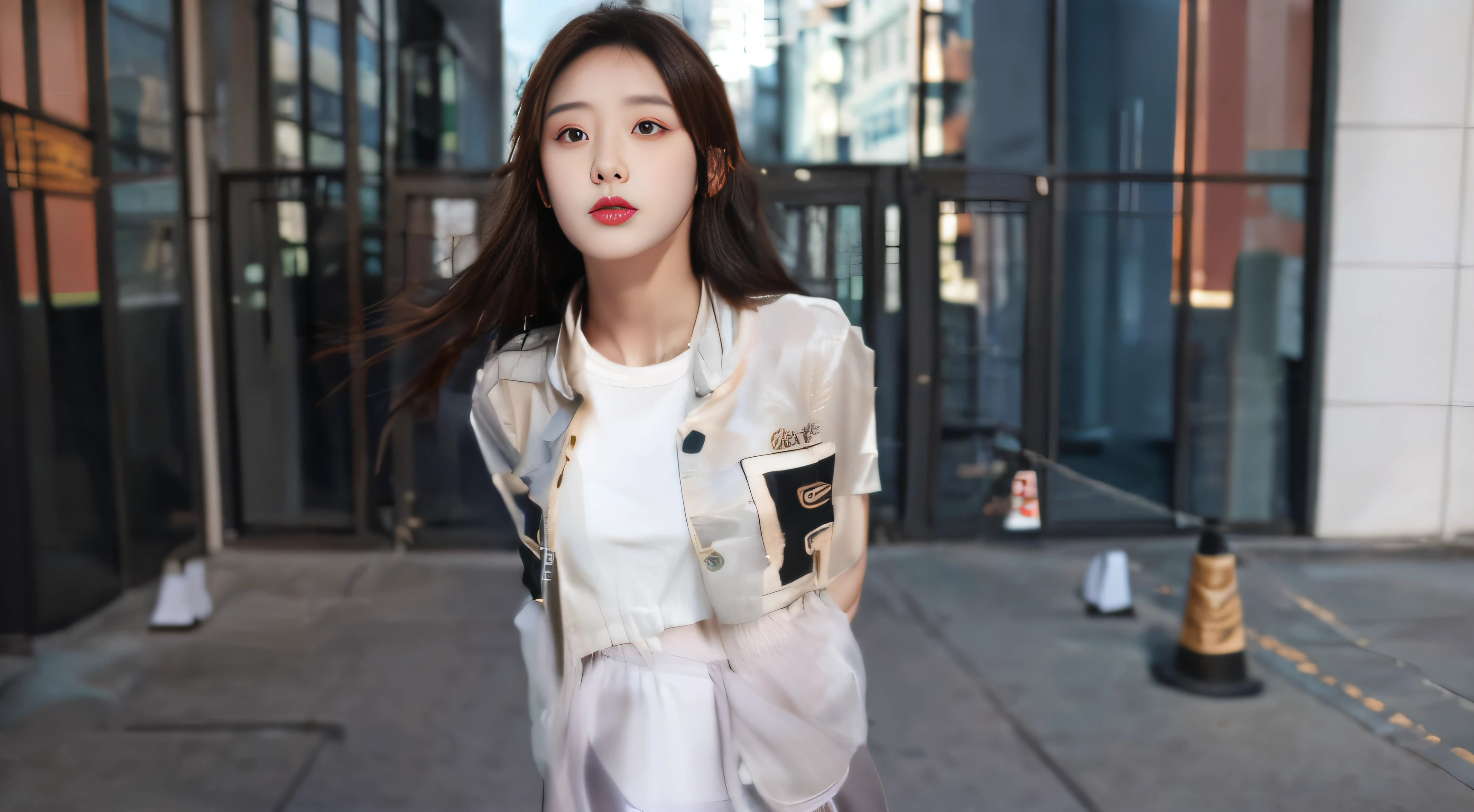 tmasterpiece, Best quality at best, 1girll, from below, underboobediuml breasts, short skirt, Collared shirt sweater,Crop tops, brunette color hair, 黑The eye,Chinese woman,Bottom-up perspective,streetview,rays of sunshine,