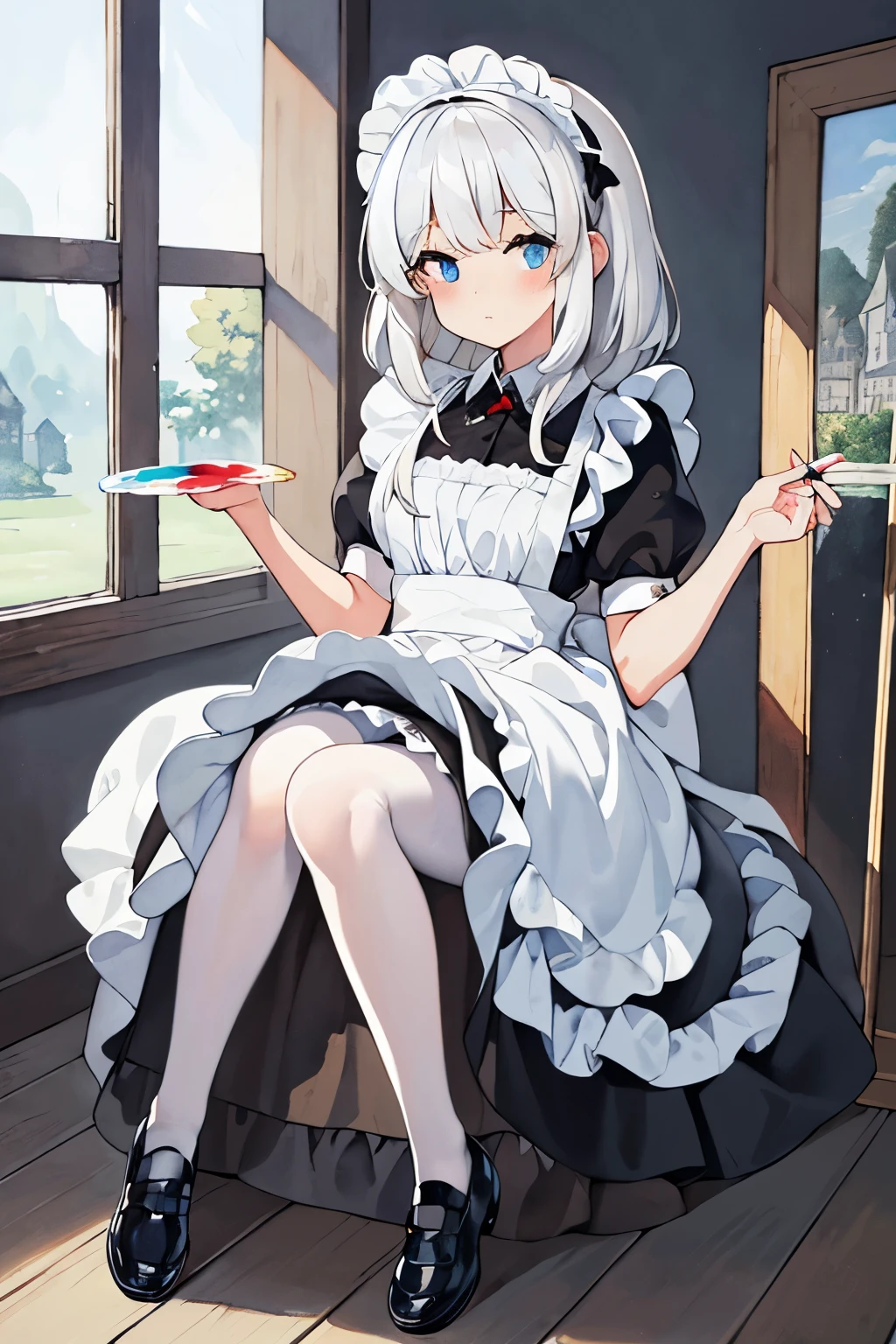 ,(64k, RAW photo, best quality, masterpiece),(waterpaint,illustration.paint),(detailed eyes and cute face) , girl (Medium cute fluffy white hair) , Cute big eyes , mistress , cute wife , thighs , cute Medium bust , Smooth abdomen , maid attire, black pantyhose, student shoes