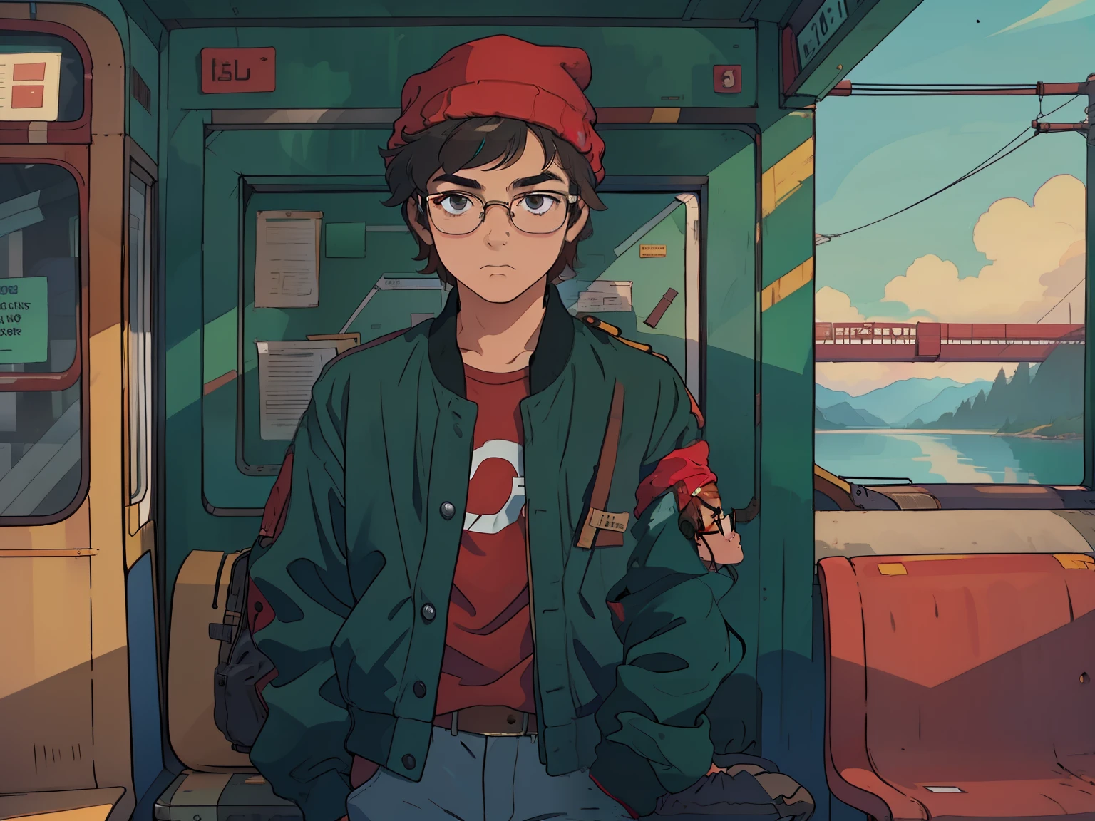 (solo man) wide shot of a young man with messy hair, wearing a red beanie and glasses, friendly expression, wearing a green bomber jacket with red shirt and jeans standing outside a bus stop with a bus in the foreground