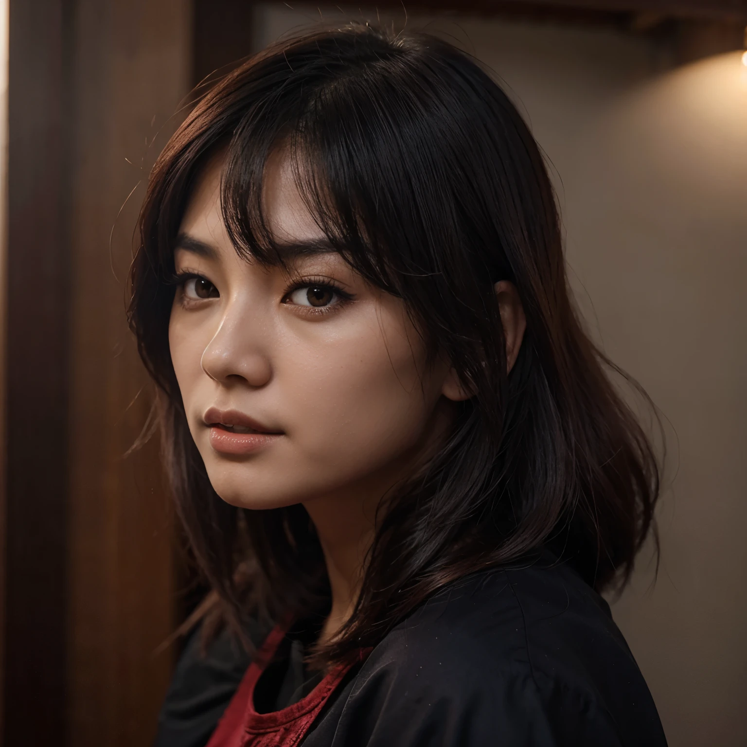 An Asian girl, cabelos vermelhos, presas de vampiro