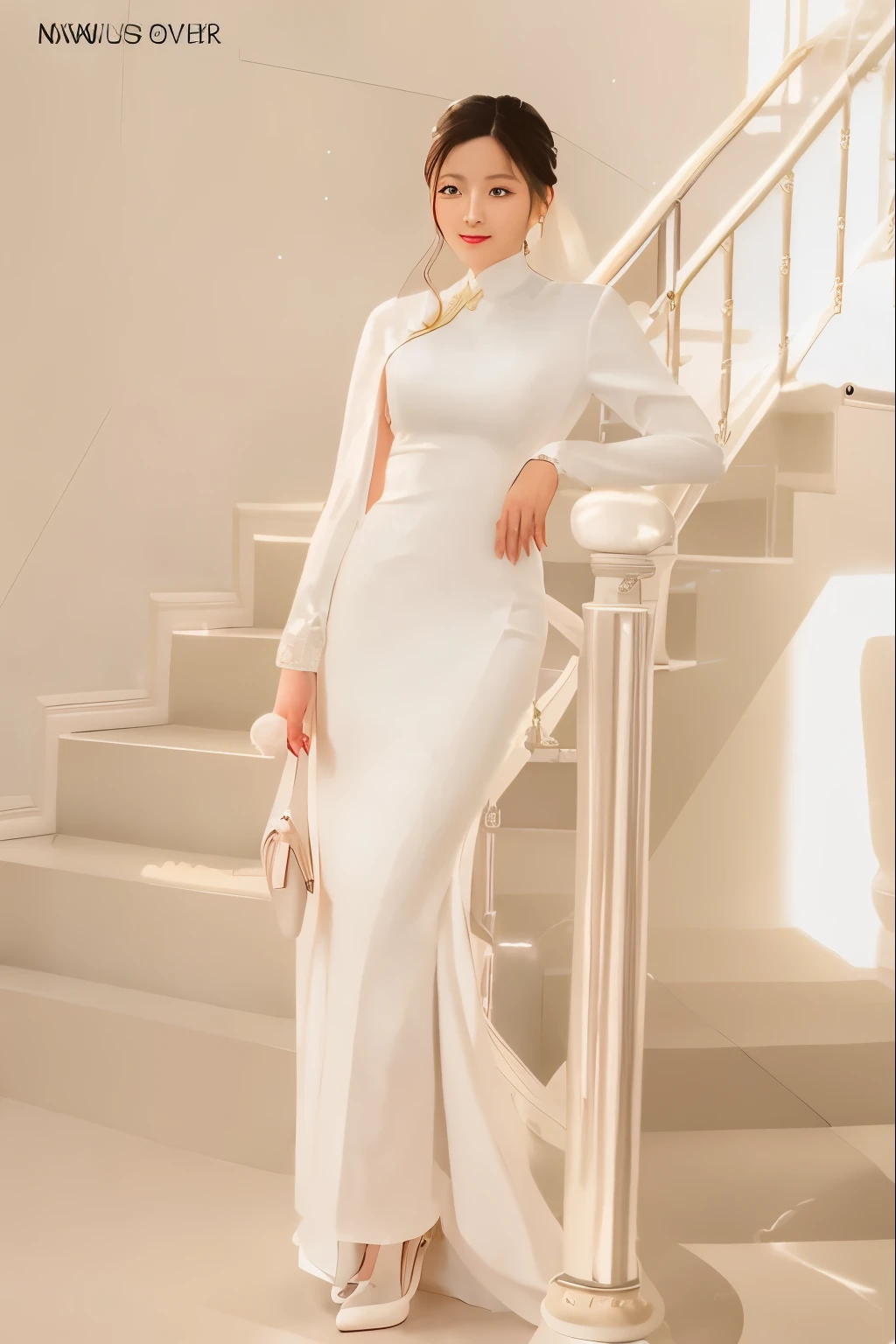 arafed woman in a white dress standing on a staircase, wearing an elegant outfit, ao dai, white gown, elegant and graceful, wearing long gown, white regal gown, wearing an elegant dress, elegant white dress, graceful and elegant, a beautiful woman in white, dressed a long white, in style of lam manh, white royal dress