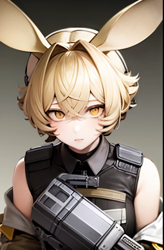  soothing tones, muted colors, high contrast, (natural skin texture, hyperrealism, soft light, sharp), police uniform, tactical vest, jerboa ears, yellow hair, yellow eyes