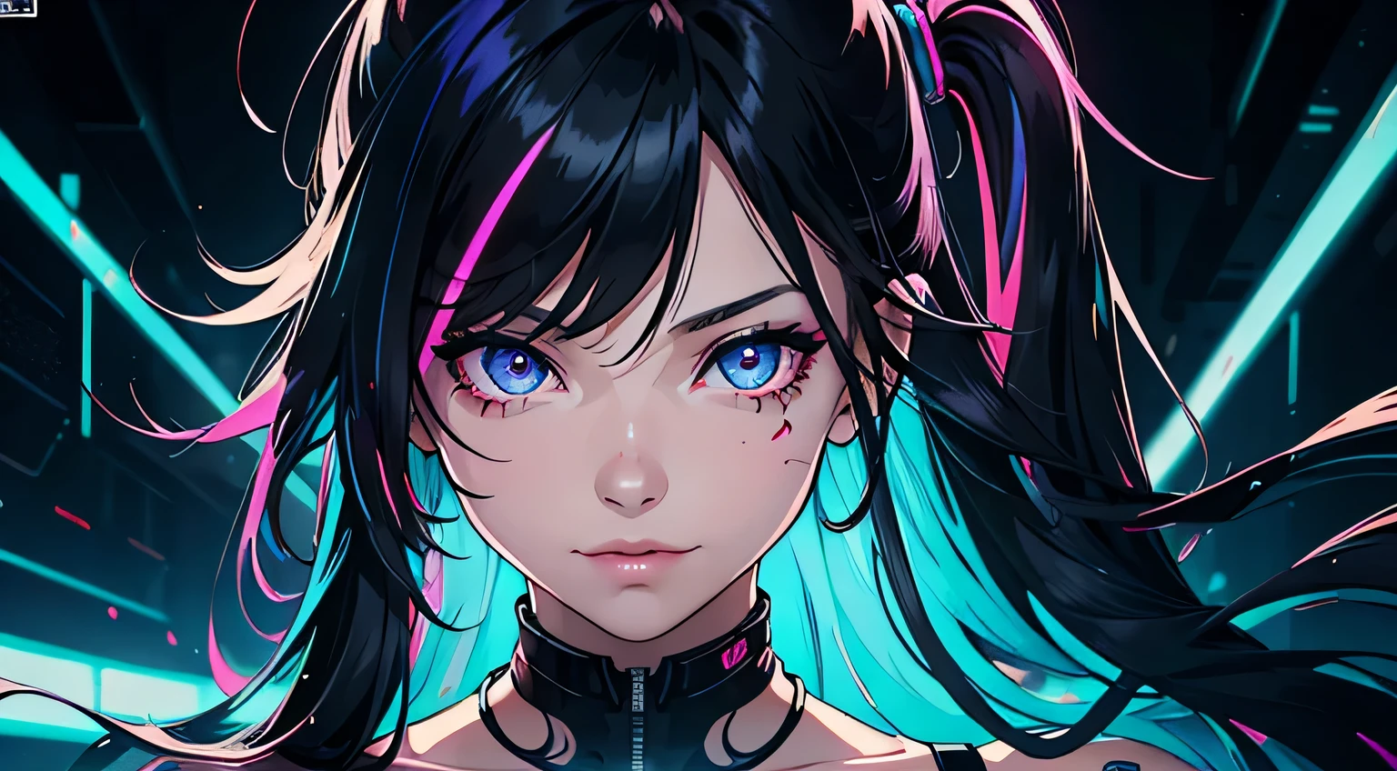 1 girl, solo, long_hair, bangs_between_the_eyes black_hair_with_strands_rainbow bi_color_ rainbow_neon eyes, sexy_face, cyberpunk_clothes, short_jacket, navel appears, short_skirt, scarred_legs, left_arm_band, tattoo_above_navel_background_of_abstract colorful popcyberpunk art, manga_style_image, big breast, face close up, shy smile face