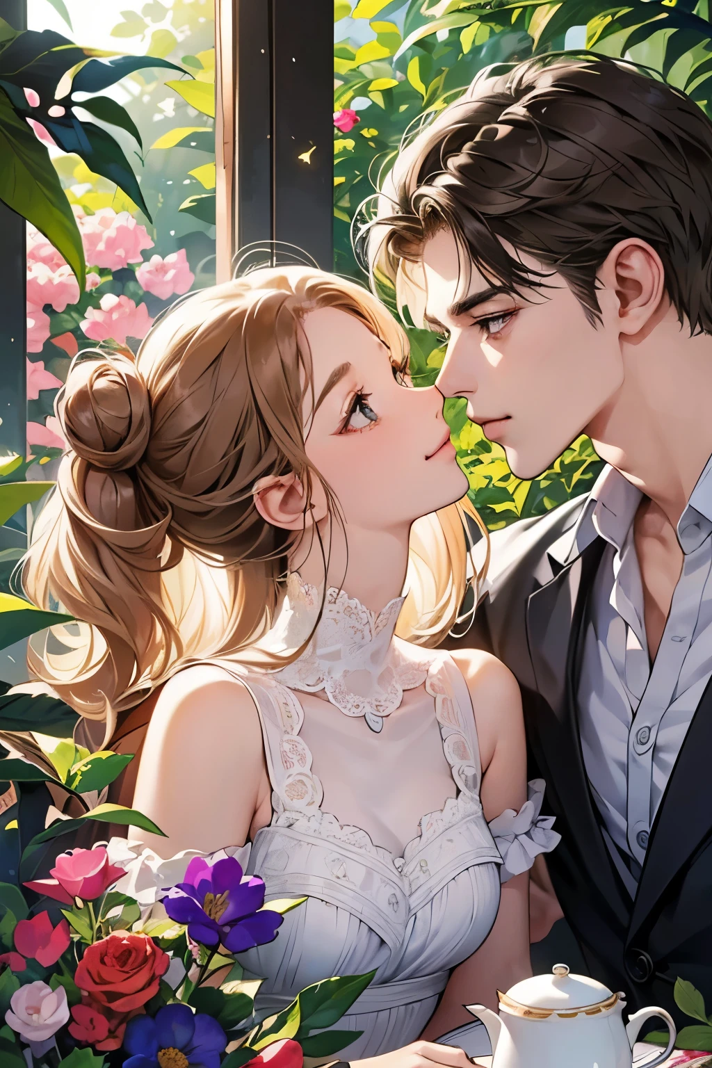 (table top, digital illustration, 4k, 8k, Super detailed, beautiful images, clear image, perfect face, perfect lines, perfect eyes, soft lighting) 1 female, (light brown hair,bun hair,innocent look,droopy eyebrows,droopy eyes、With a round face,round chin、innocence,cute,Big eyes,natural makeup,smile gently,E cup,23 years old:1.3),Two handsome men in suits, (human,man in suit,muscular,solid shoulder width, boyish hairstyle,A man in his 30s with a cool expression,28 year old man with a bright smile:1.2),garden full of light、lots of flowers、Squirting、colorful flower light,(embarrassing,shy smile:1.2),resort sofa,kiss、カップルkiss、romance porn、couple of man and woman looking at each other、In battle、Afternoon tea、lunch