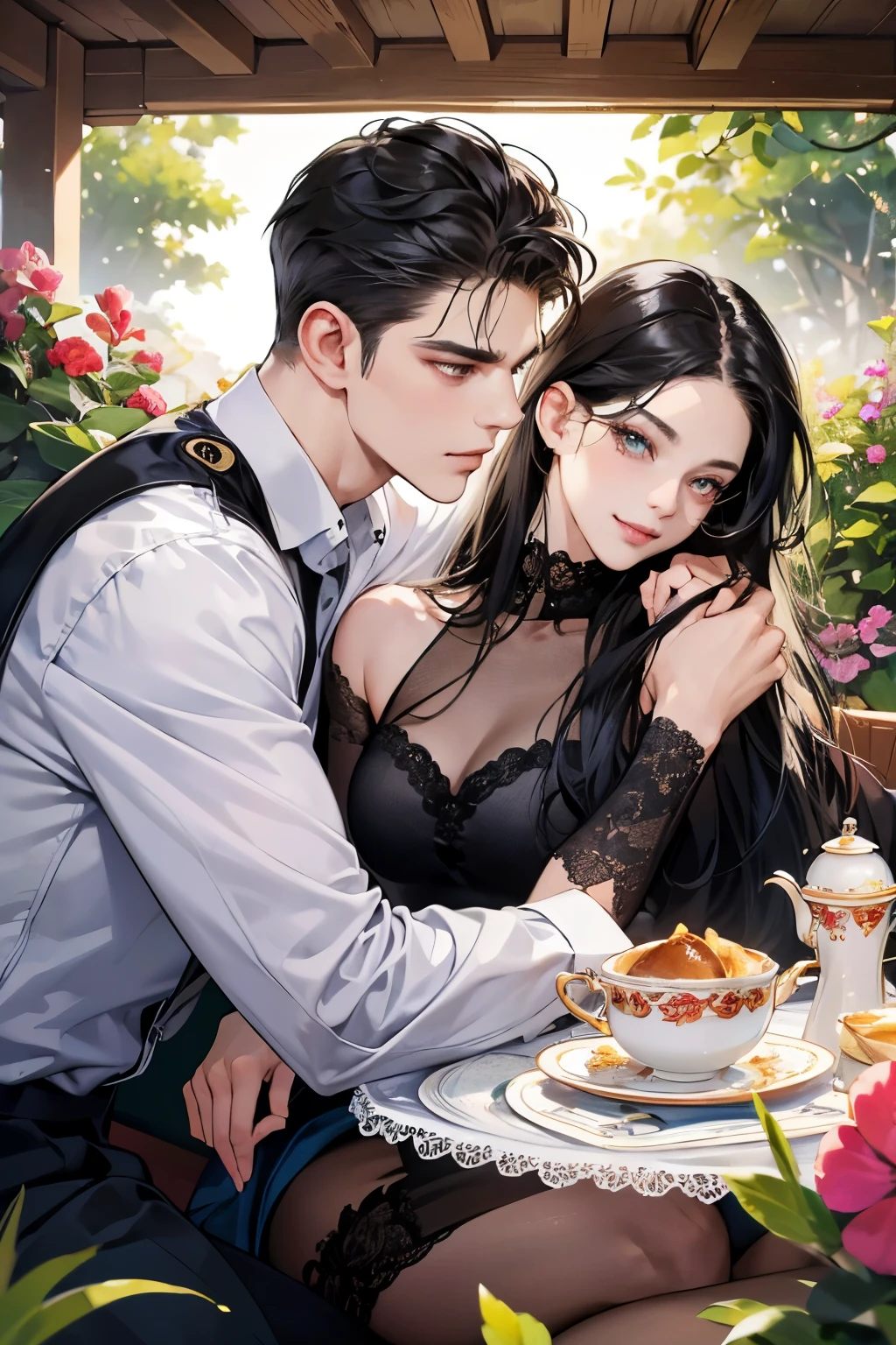 (table top, digital art, digital illustration, 4k, 8k, super detailed, beautiful images, clear image, realistic, RAW photo, perfect face, perfect lines, perfect eyes, soft lighting) ,1 female, (long black hair,straight hair,bullish look,beautiful woman,grace,Make up well,23 is a novel,:1.3),Two handsome men in suits, (human,muscular,solid shoulder width, mens,boyish hairstyle,british gentleman&#39;s style,A man in his 30s with a cool expression,28 year old man with a bright smile:1.2),Show your white teeth and smile(embarrassing,shy smile:1.1),garden full of light、squirt、resort sofa、colorful flowers、innocent smile,smile、couple kissing、kiss、the kiss、romance、Afternoon tea、lunch