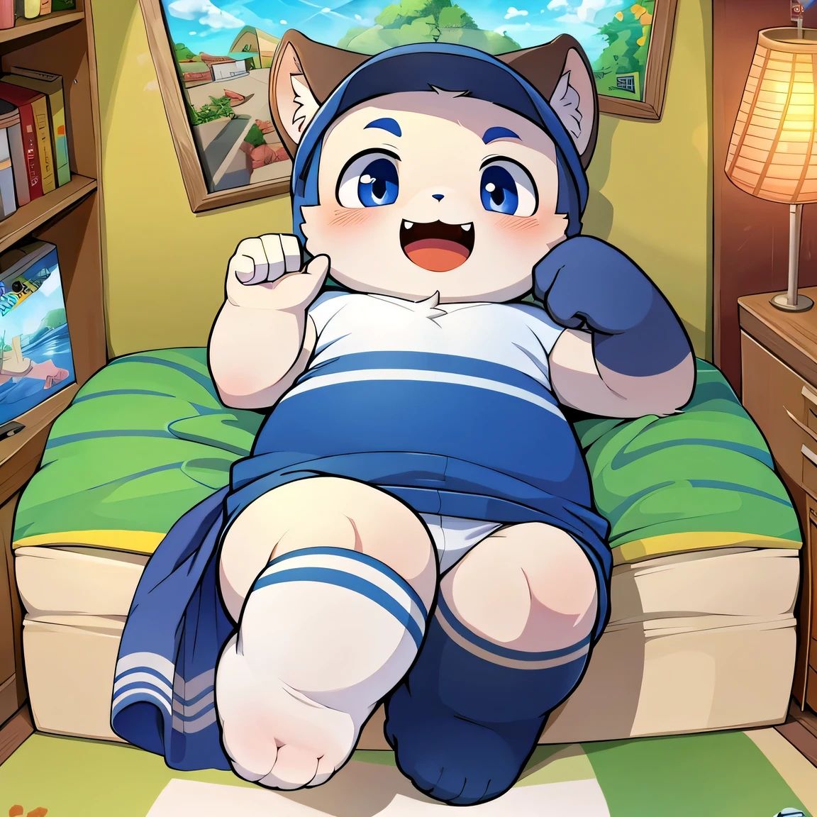 (masterpiece, best quality:1.2), 1 boy, young,hairy,alone,Wear only white socks on your feet,Slightly fat,front view camera,room background,no shirt