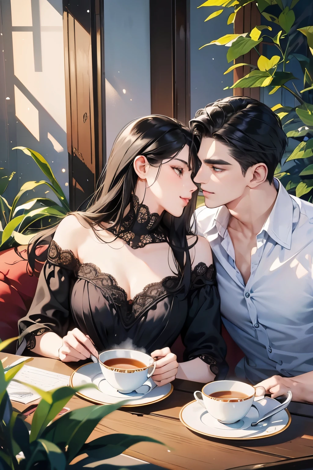 (table top, digital art, digital illustration, 4k, 8k, super detailed, beautiful images, clear image, realistic, RAW photo, perfect face, perfect lines, perfect eyes, soft lighting) ,1 female, (long black hair,straight hair,bullish look,beautiful woman,grace,Make up well,23 is a novel,:1.3),Two handsome men in suits, (human,muscular,solid shoulder width, mens,boyish hairstyle,british gentleman&#39;s style,A man in his 30s with a cool expression,28 year old man with a bright smile:1.2),Show your white teeth and smile(embarrassing,shy smile:1.1),garden full of light、squirt、resort sofa、colorful flowers、innocent smile,smile、couple kissing、kiss、the kiss、romance、Afternoon tea、lunch