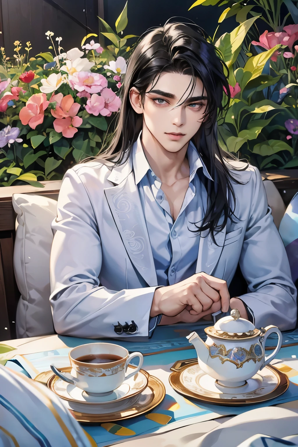 (table top, digital art, digital illustration, 4k, 8k, super detailed, beautiful images, clear image, realistic, RAW photo, perfect face, perfect lines, perfect eyes, soft lighting) ,1 female, (long black hair,straight hair,bullish look,beautiful woman,grace,Make up well,23 is a novel,:1.3),Two handsome men in suits, (human,muscular,solid shoulder width, mens,boyish hairstyle,british gentleman's style,A man in his 30s with a cool expression,28 year old man with a bright smile:1.2),Show your white teeth and smile(embarrassing,shy smile:1.1),garden full of light、squirt、resort sofa、colorful flowers、innocent smile,smile、couple kissing、kiss、the kiss、romance、Afternoon tea、lunch