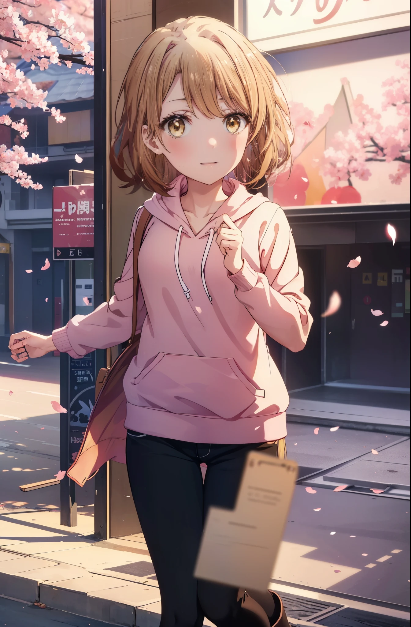 irohaisshiki, iroha isshiki, short hair, brown hair, (brown eyes:1.5), blush,smile,open your mouth,pink hoodie,short denim pants,black tights,knee high boots,Lots of cherry blossoms are blooming,Cherry blossoms are scattered,
break indoors, Cherry blossom tree-lined path,
break looking at viewer,whole body,Upper body,
break (masterpiece:1.2), highest quality, High resolution, unity 8k wallpaper, (shape:0.8), (thin and beautiful eyes:1.6), highly detailed face, perfect lighting, Very detailed CG, (perfect hands, perfect anatomy),