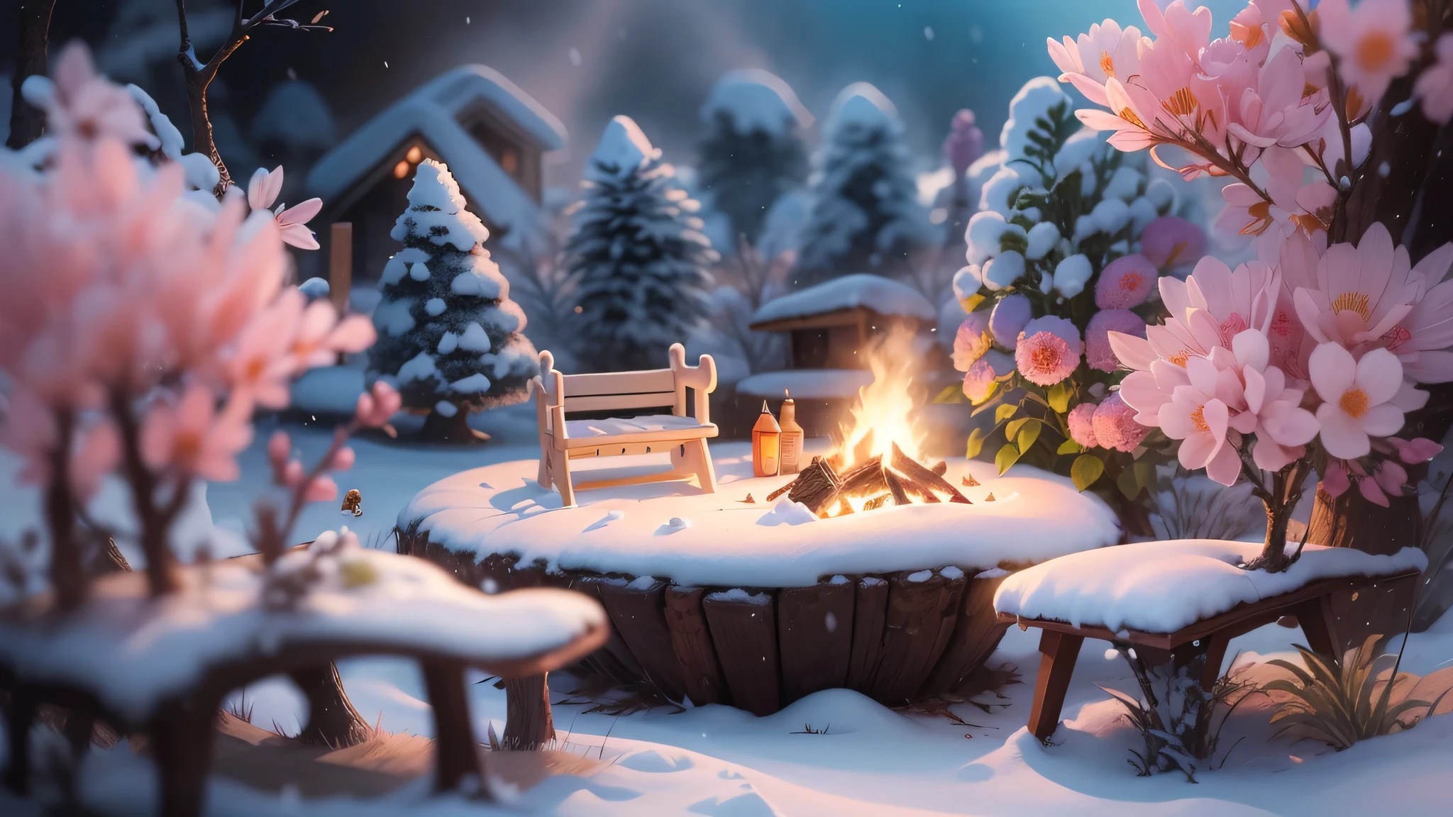Magic garden miniature scene, delicate snow flowers、soft glowing branches、Illuminated by happy smiling miniatures. 8K Autorealist,snow mountain、fluffy furniture、warm blanket、bonfire