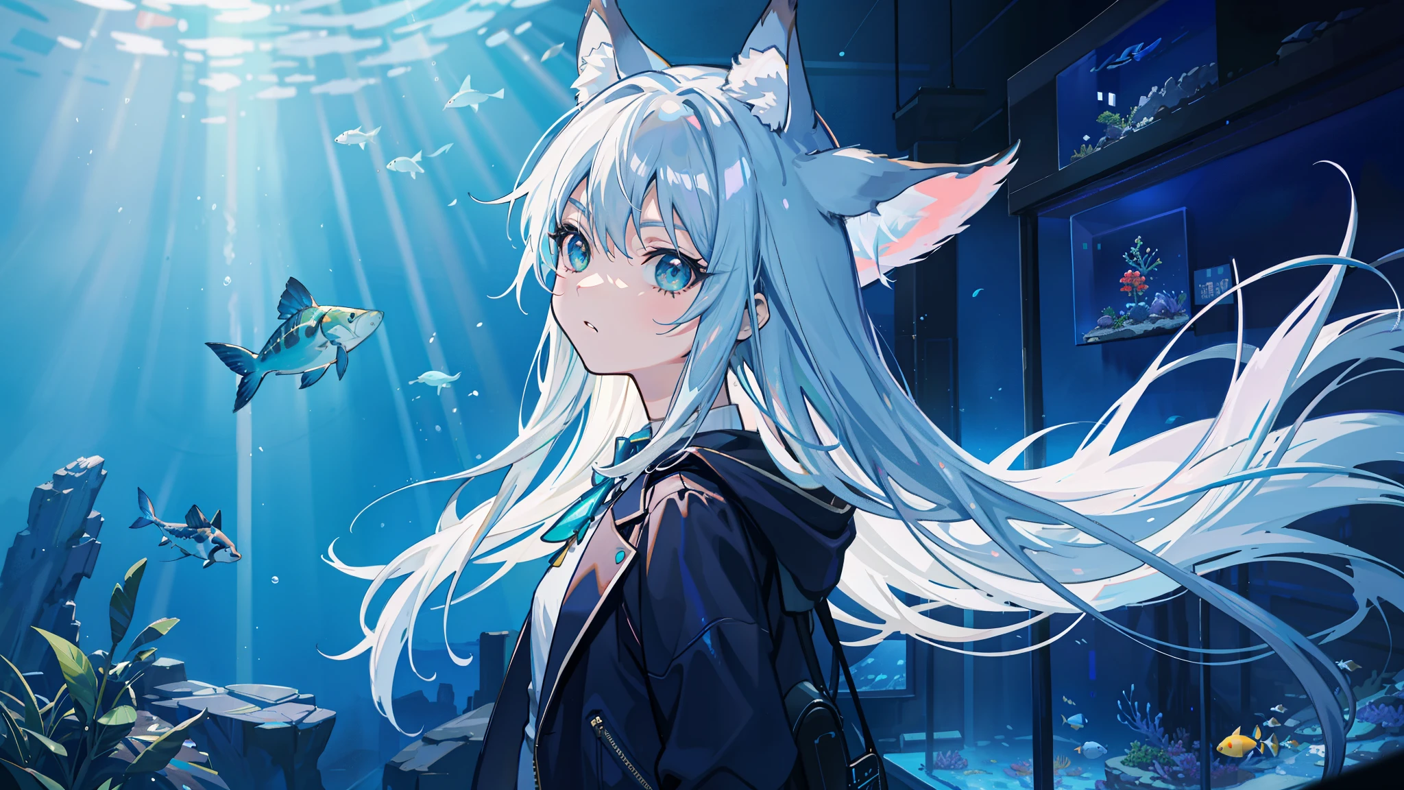 (3D:0.5,realistic:0.5,photorealistic:0.5),(absurd,super resolution,masterpiece,best quality,in detail,absurd:1.2), dramatic light, dramatic lighting, cinematic, animated scenery, Makoto Shinkai, ghibli, aquarium, aqua world, fish, cetus, girl, With long white hair and fair skin, wolf ears,