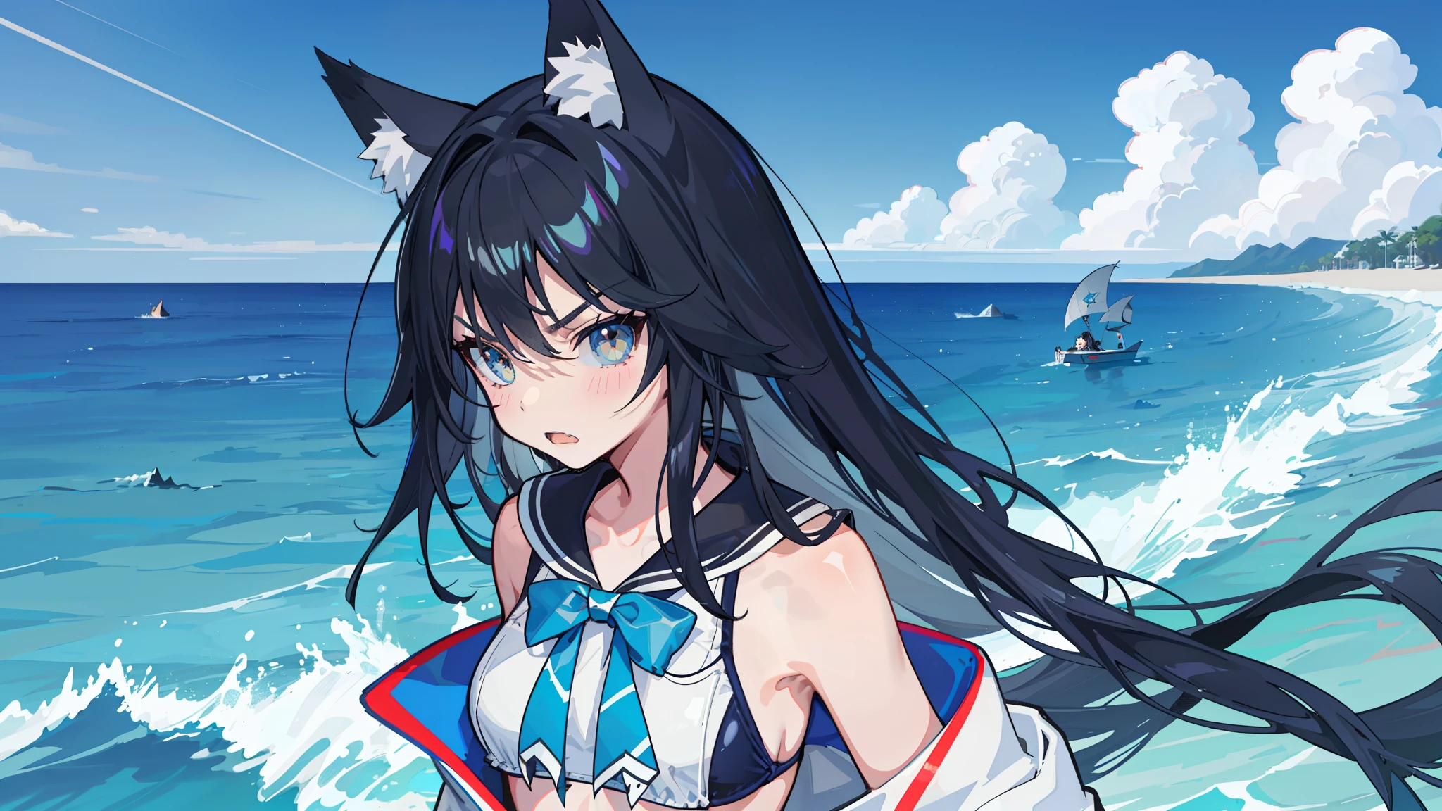 girl,bikini swimsuit,uniform,black long straight hair,With fair skin,slim,ocean, cloud, detailed background, Detailed clothes, intricate details, wolf ears, wolf tail, headset, big bust, angry expression, shark, fish, detailed background, high quality resolution,