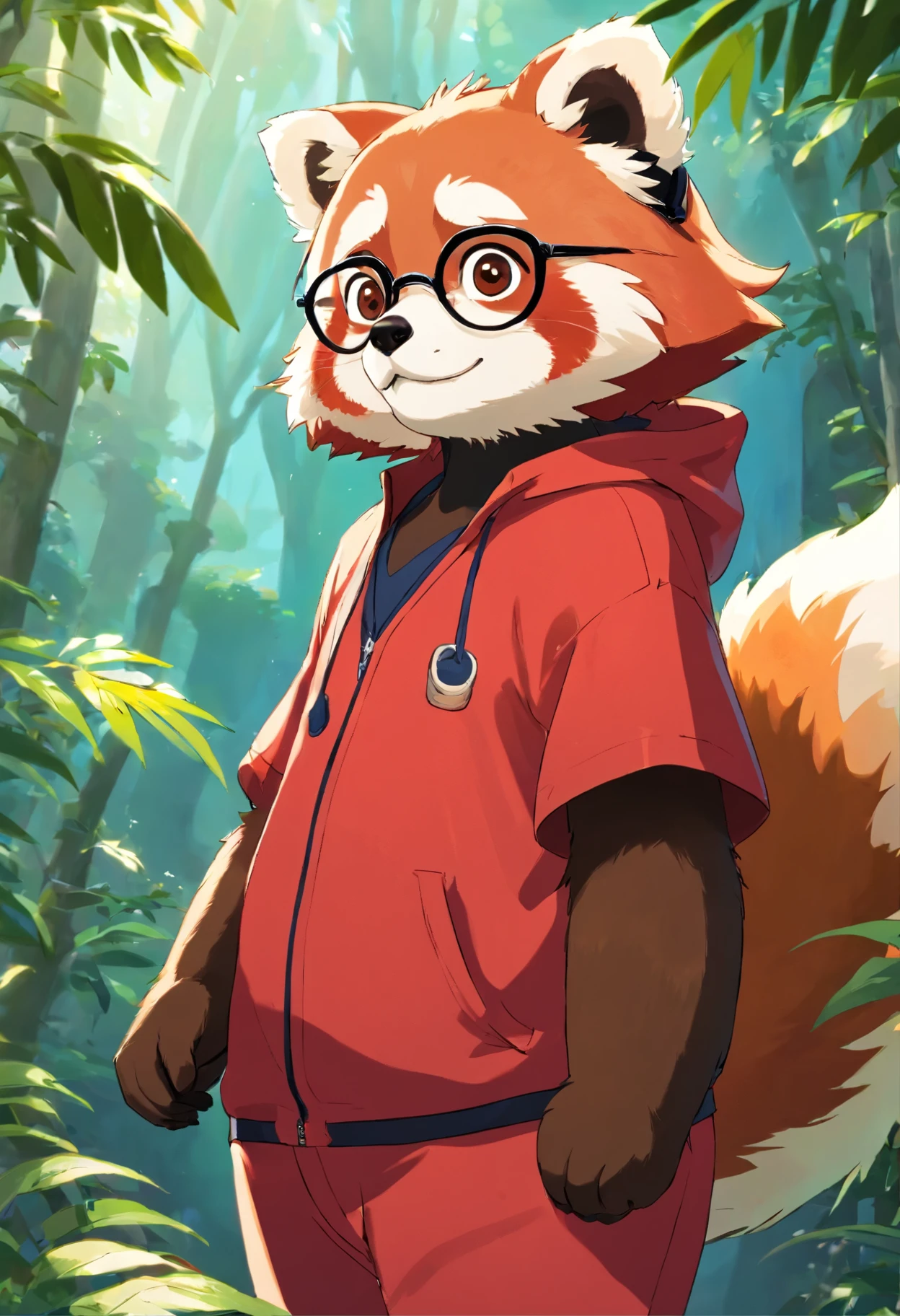 red panda,big belly,red clothing,young,furry,anime characters,毛茸茸的red pandaanime characters,blue eyes,Wear glasses
