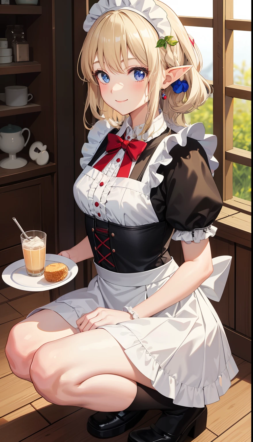 1 girl、as adult、smile、shirt、skirt、apron、hair ornaments、cream hair、elf、maid、maidコスチューム、(small breasts)、Wind、squat、