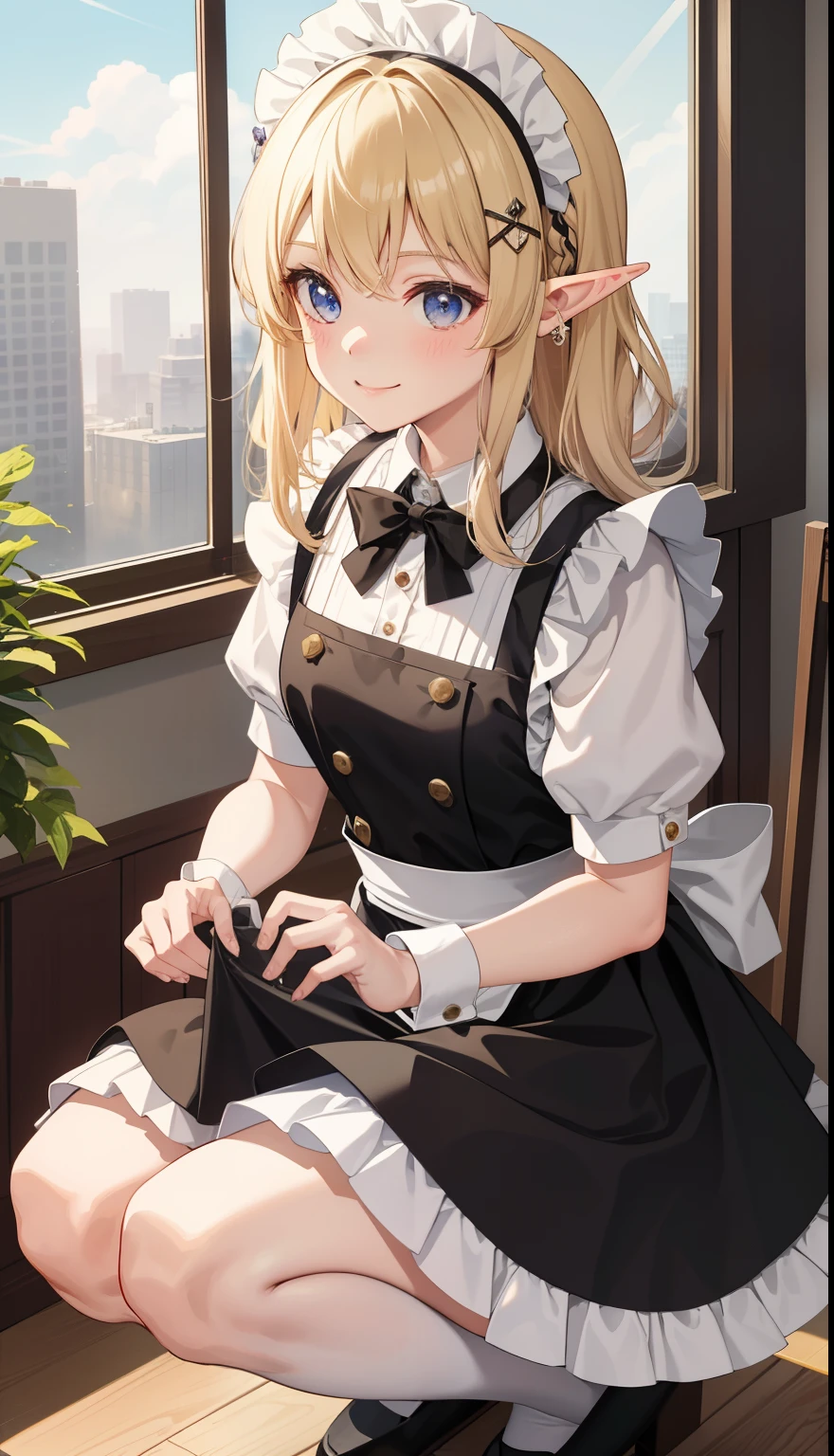 1 girl、as adult、smile、shirt、skirt、apron、hair ornaments、cream hair、elf、maid、maidコスチューム、（small breasts）、Wind、squat、