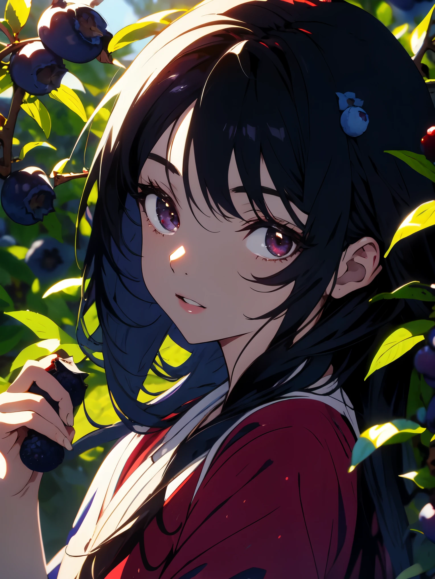 highest quality、masterpiece、Shining eye details、1 girl, ((blueberry,fruit)),orchard background, black hair,anime