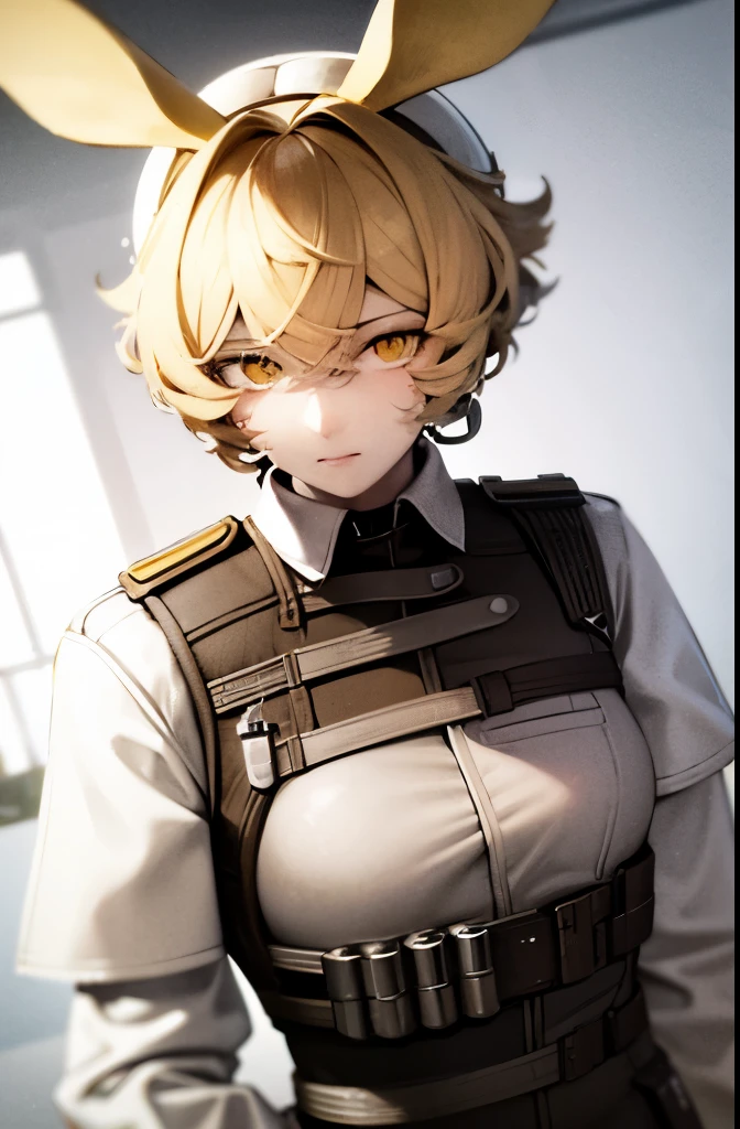  soothing tones, muted colors, high contrast, (natural skin texture, hyperrealism, soft light, sharp), police uniform, tactical vest, jerboa ears, yellow hair, yellow eyes