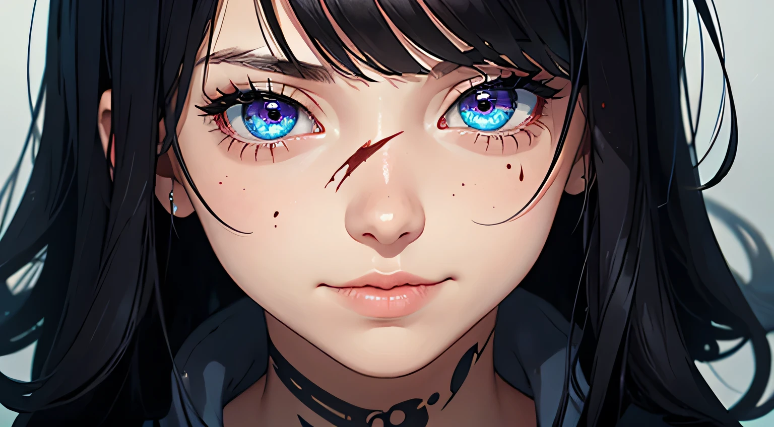 1 girl, solo, long_hair, bangs_between_the_eyes black_hair_with_strands_rainbow bi_color_ rainbow_neon eyes, sexy_face, cyberpunk_clothes, short_jacket, navel appears, short_skirt, scarred_legs, left_arm_band, tattoo_above_navel_background_of_abstract colorful popcyberpunk art, manga_style_image, big breast, (( head and face close up shot)), shy smile face